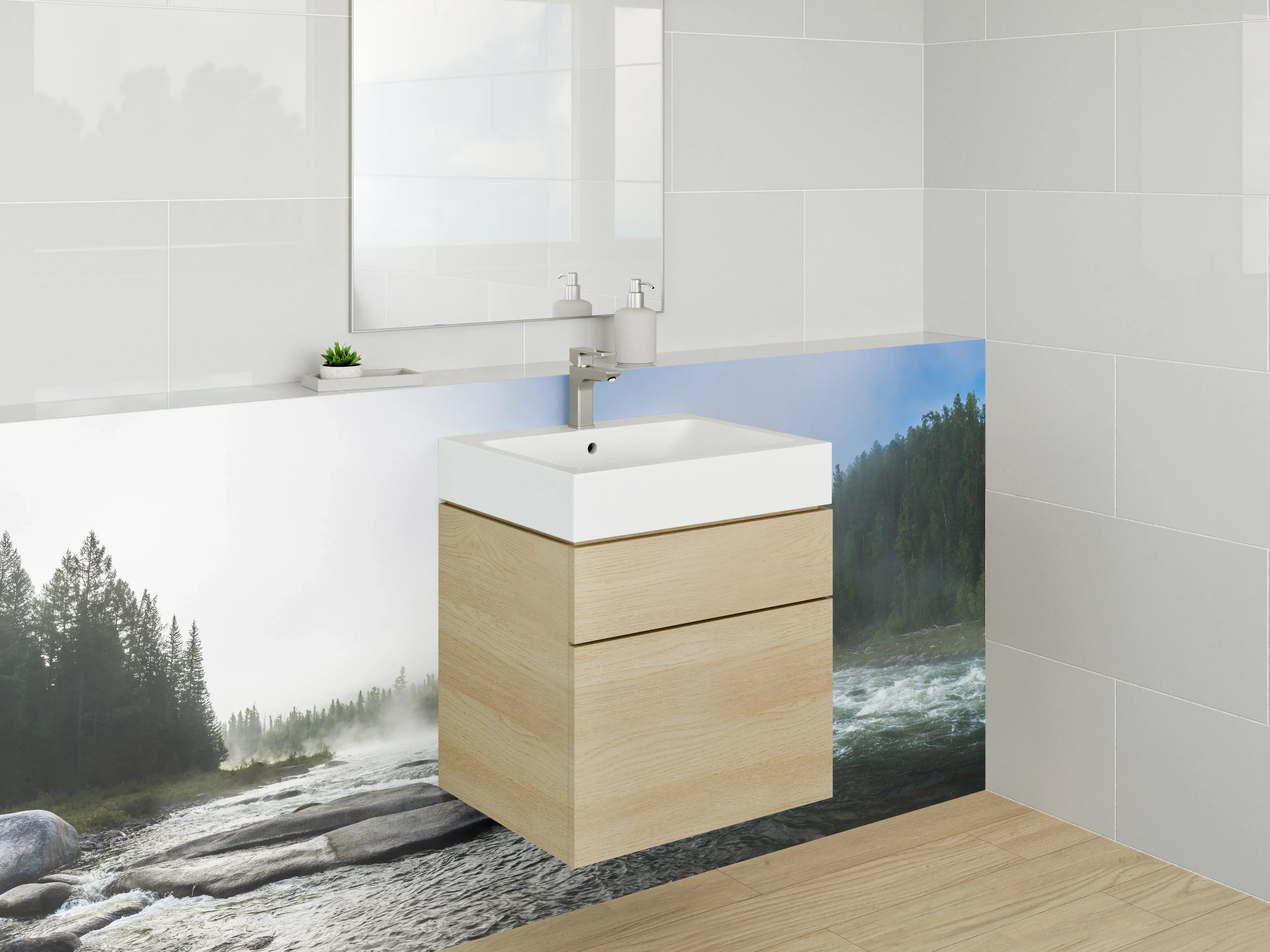 Waschbecken-Rückwand - Flusslandschaft mit Wald und Nebel