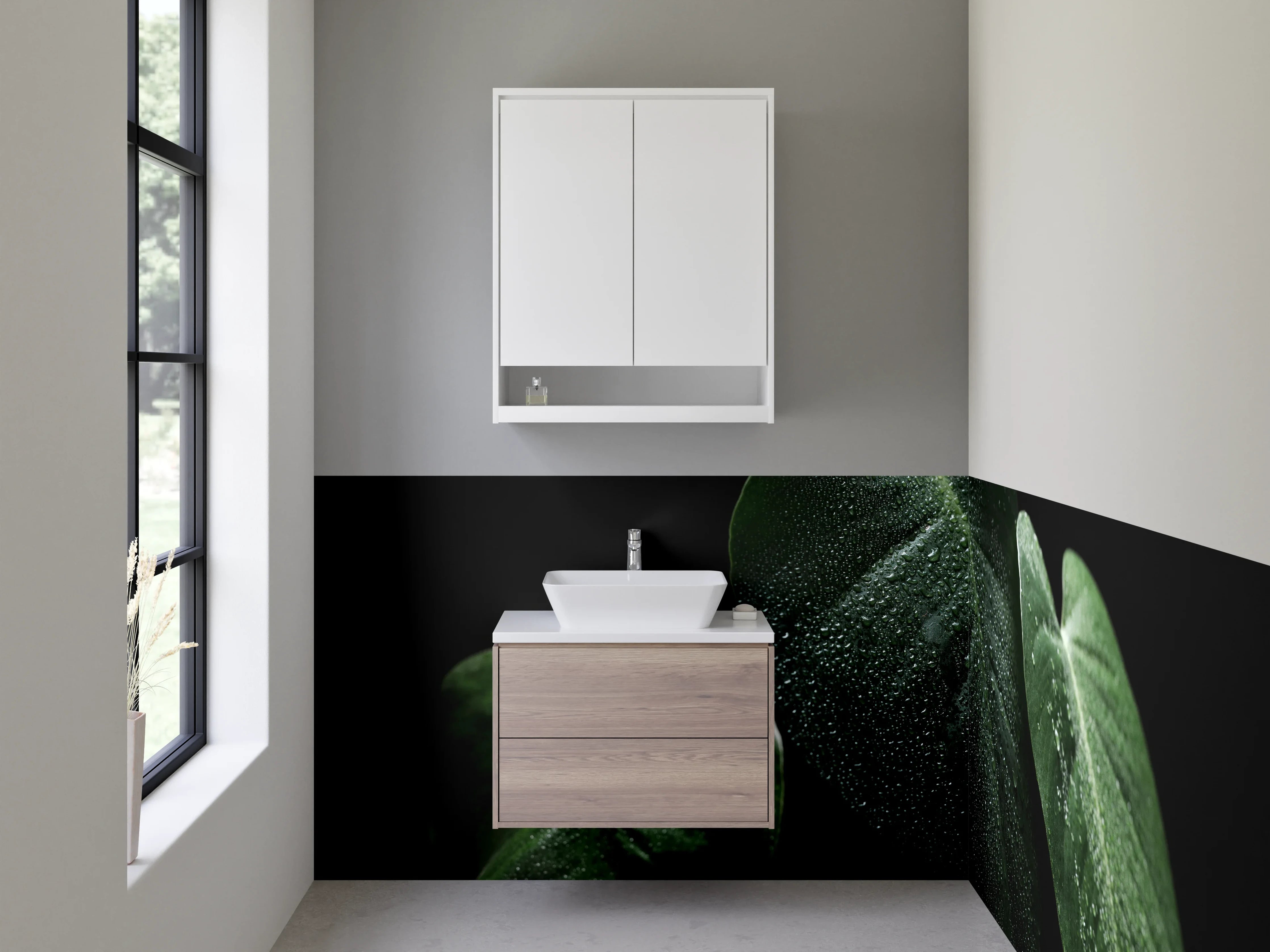 Waschbecken-Rückwand - Frische grüne Blätter mit Tautropfen