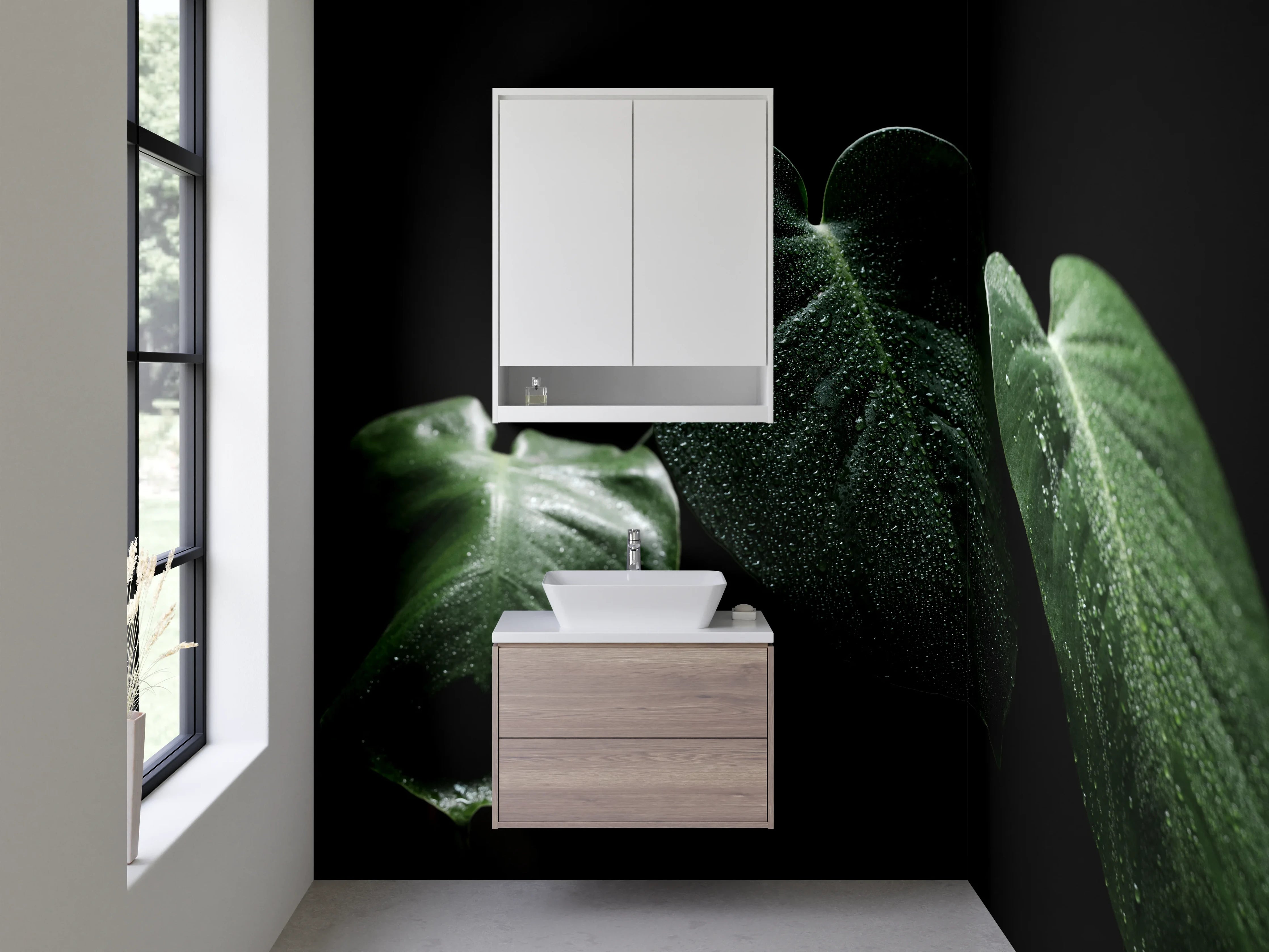 Waschbecken-Rückwand - Frische grüne Blätter mit Tautropfen