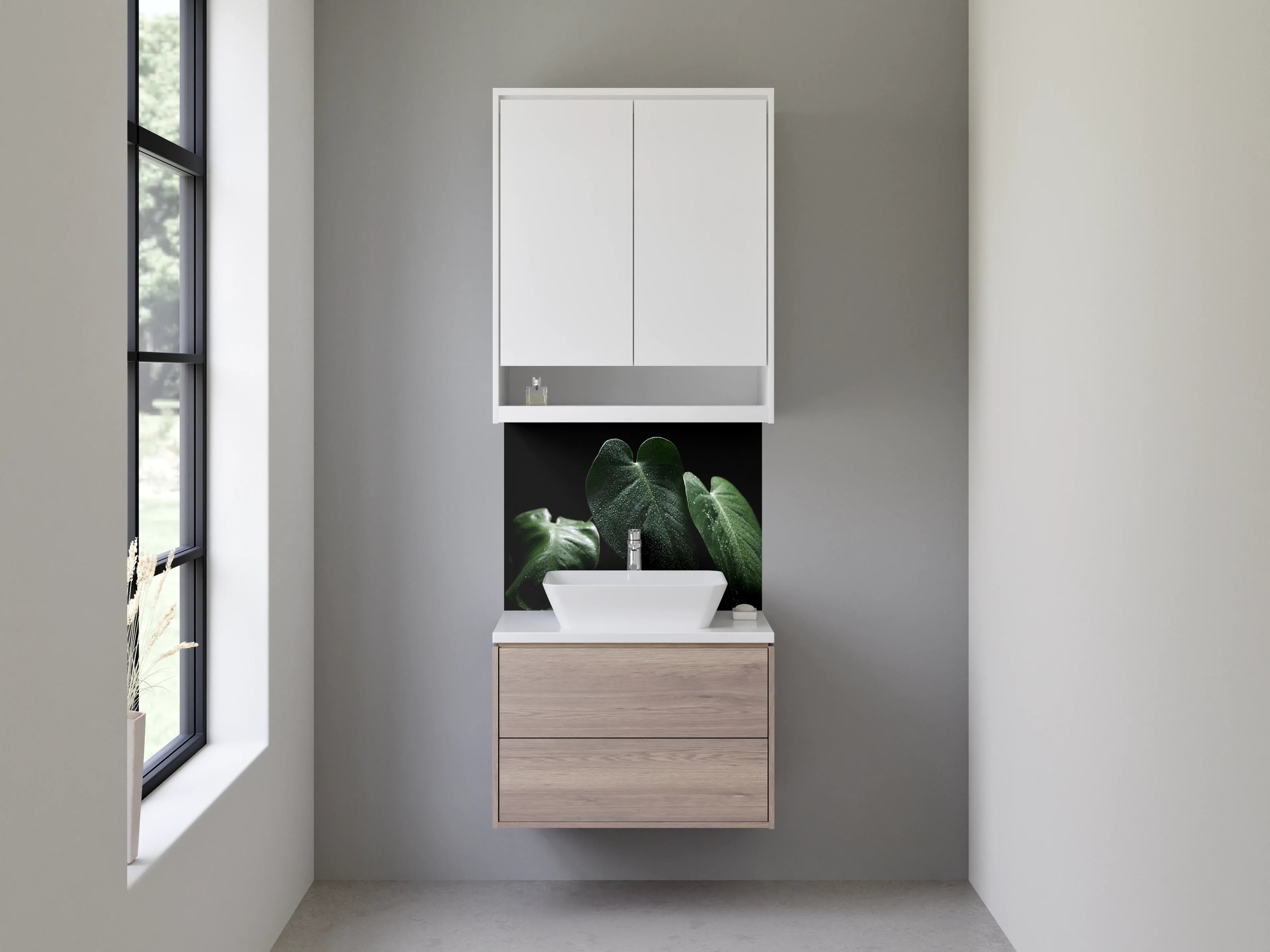 Waschbecken-Rückwand - Frische grüne Blätter mit Tautropfen