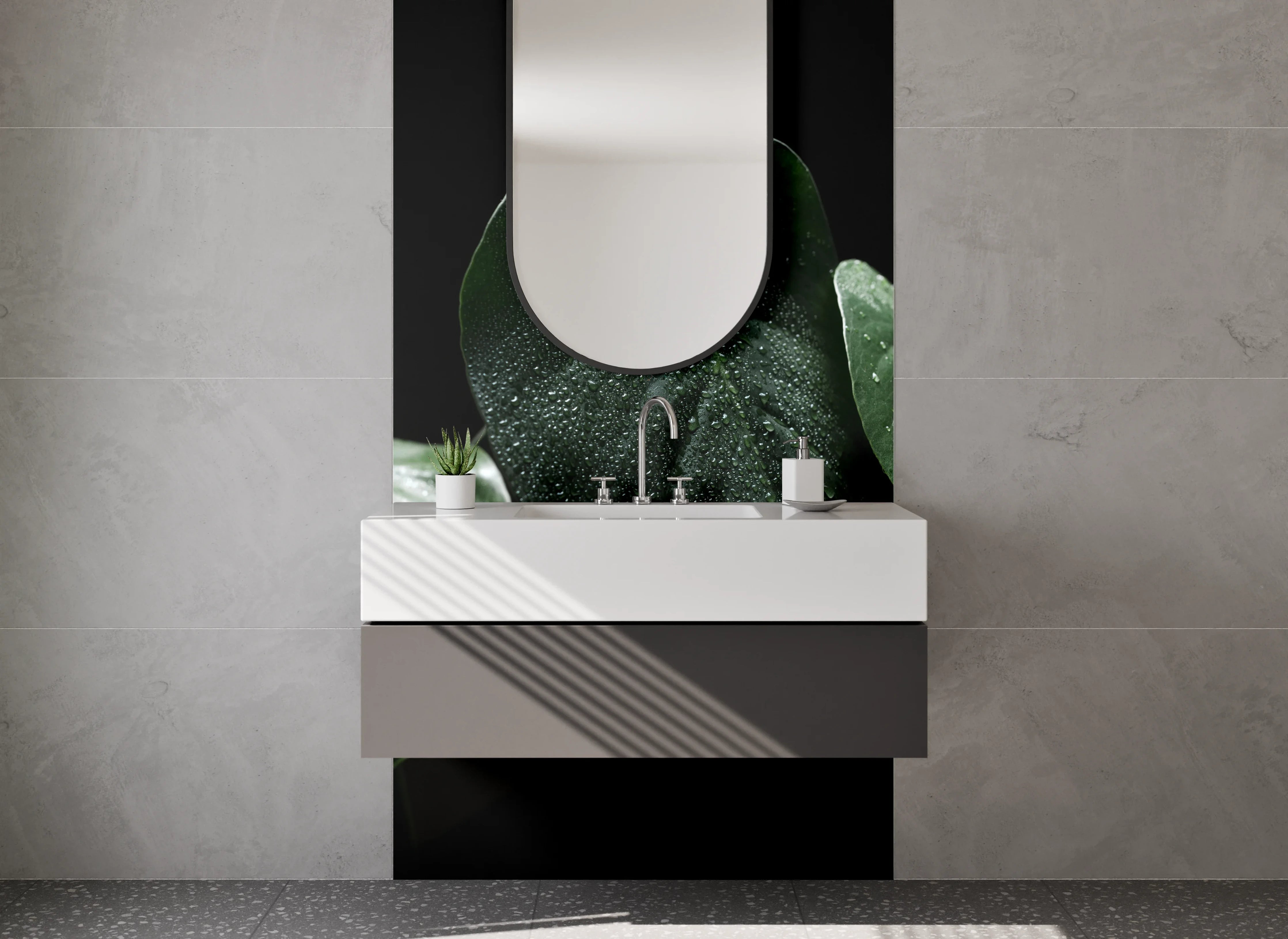 Waschbecken-Rückwand - Frische grüne Blätter mit Tautropfen