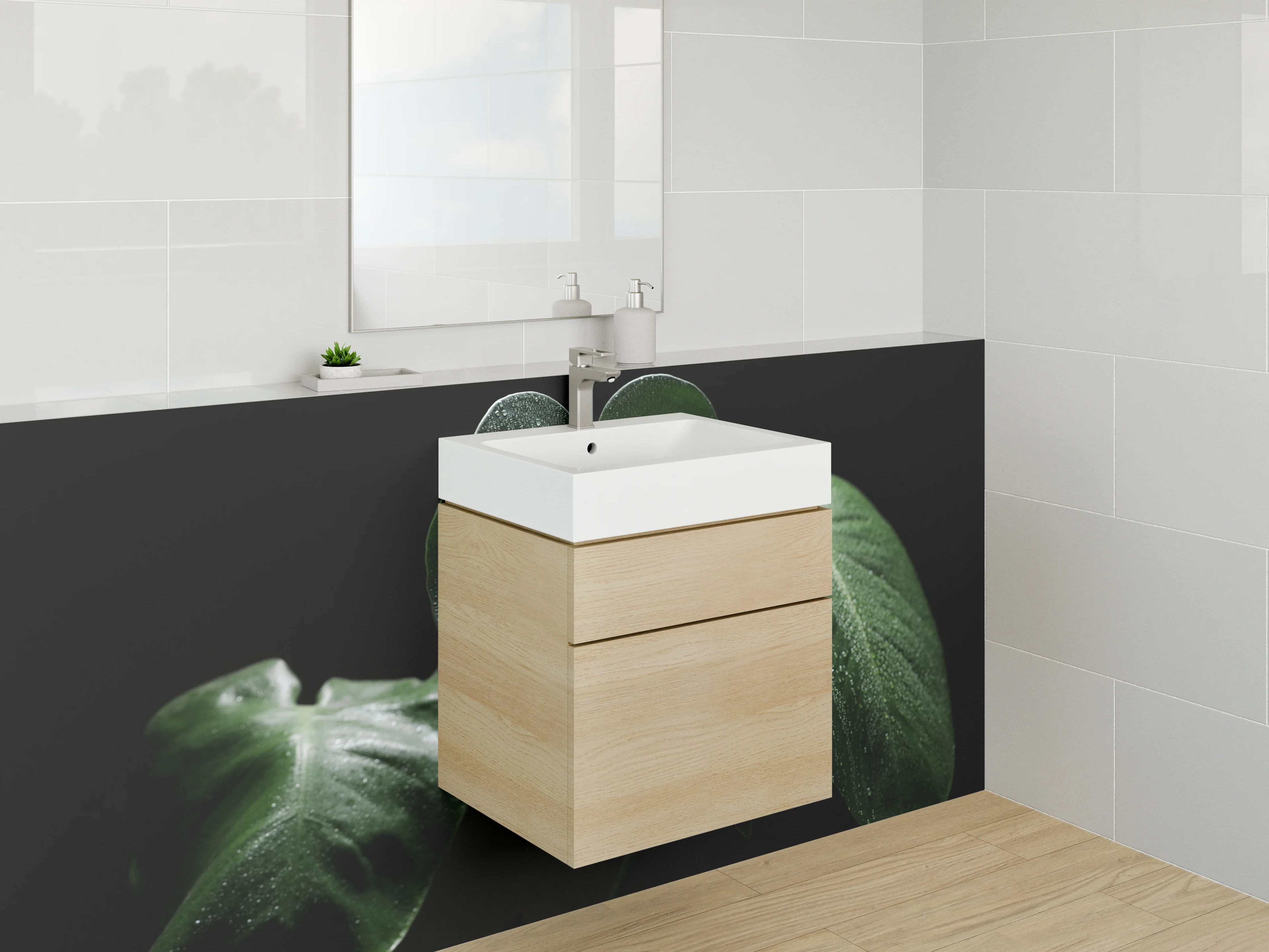 Waschbecken-Rückwand - Frische grüne Blätter mit Tautropfen