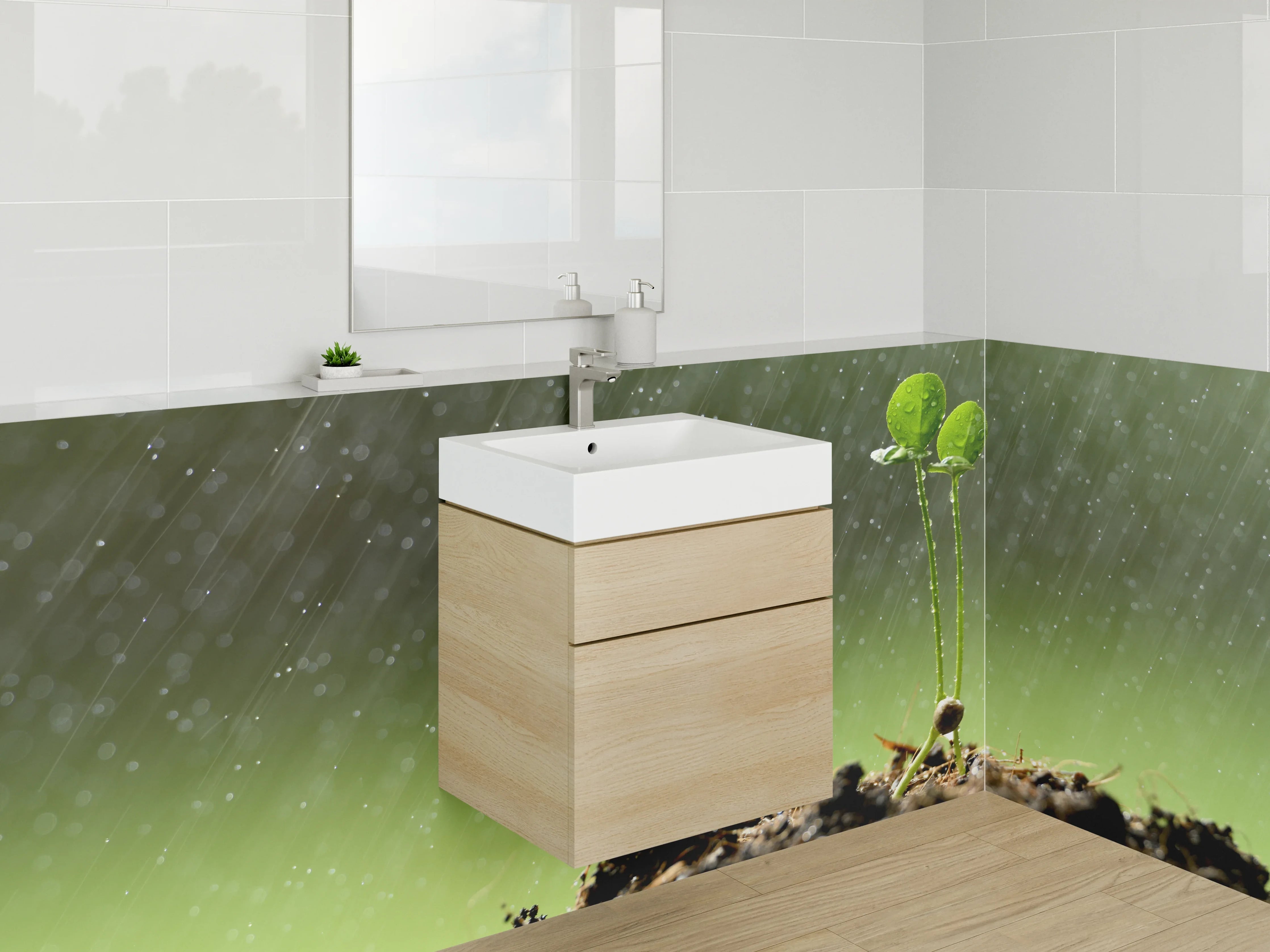 Waschbecken-Rückwand - Frischer Keimling im Regen auf Erde