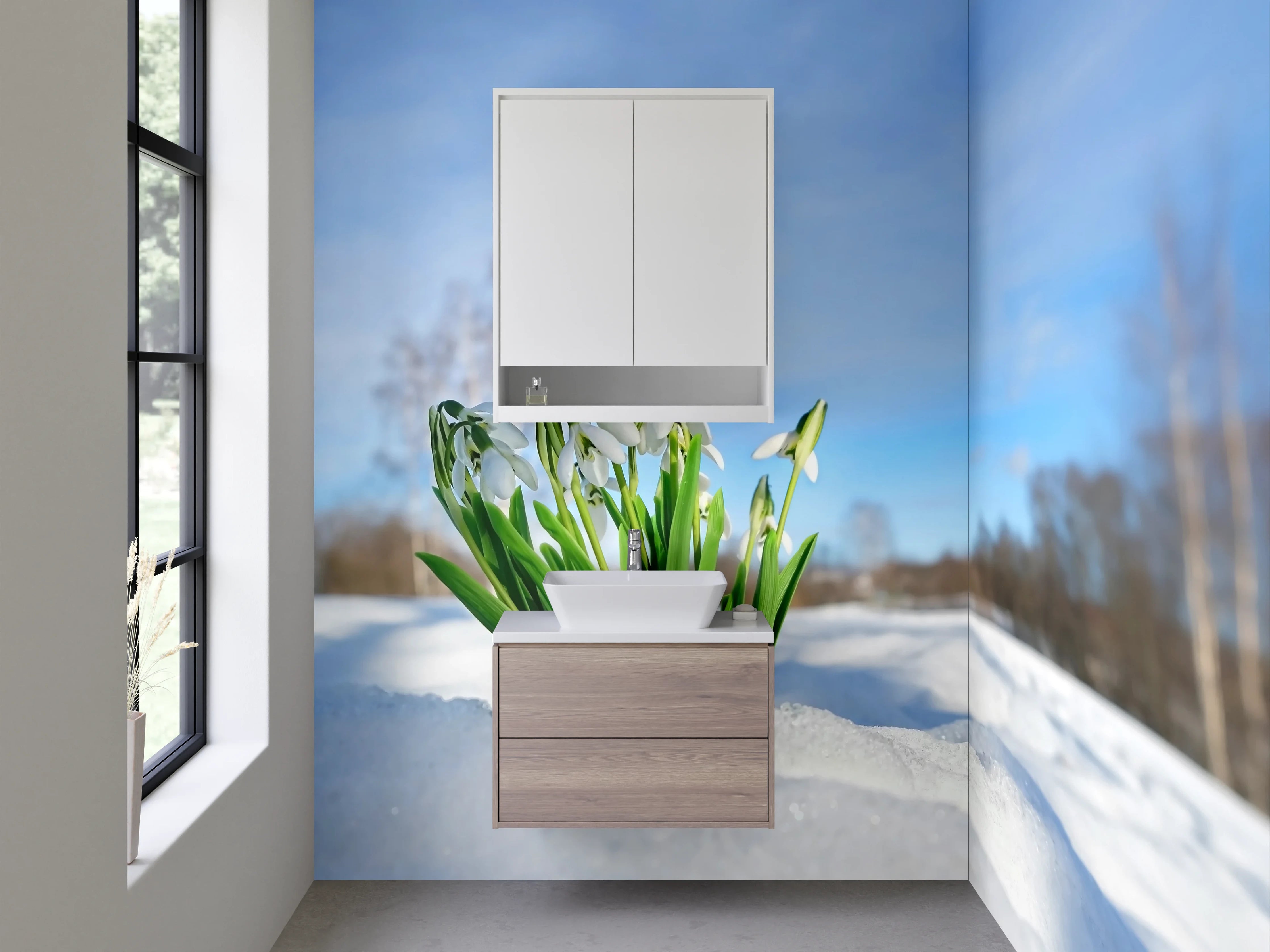 Waschbecken-Rückwand - Frühblüher im Schnee – Naturmotiv
