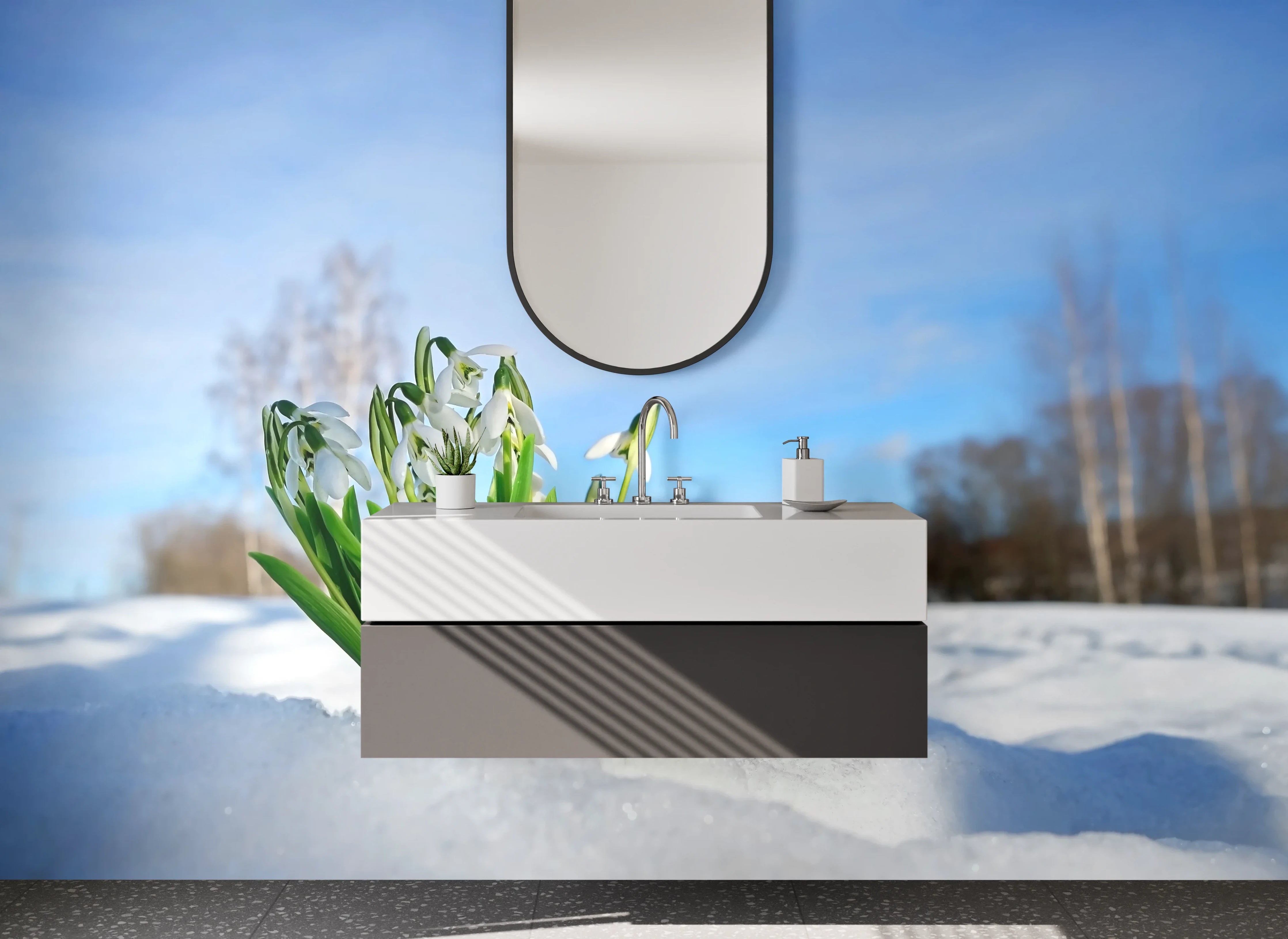 Waschbecken-Rückwand - Frühblüher im Schnee – Naturmotiv