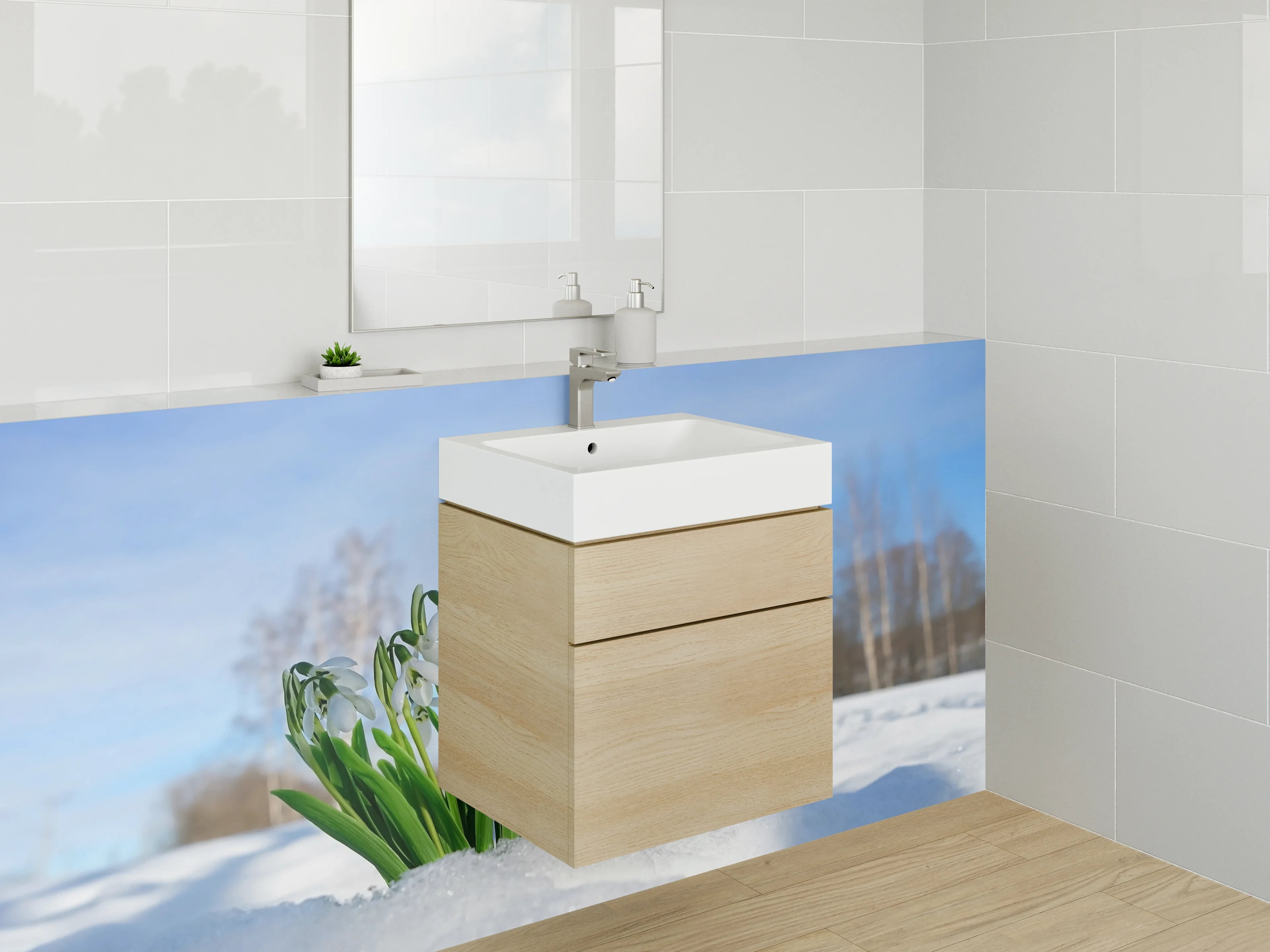 Waschbecken-Rückwand - Frühblüher im Schnee – Naturmotiv