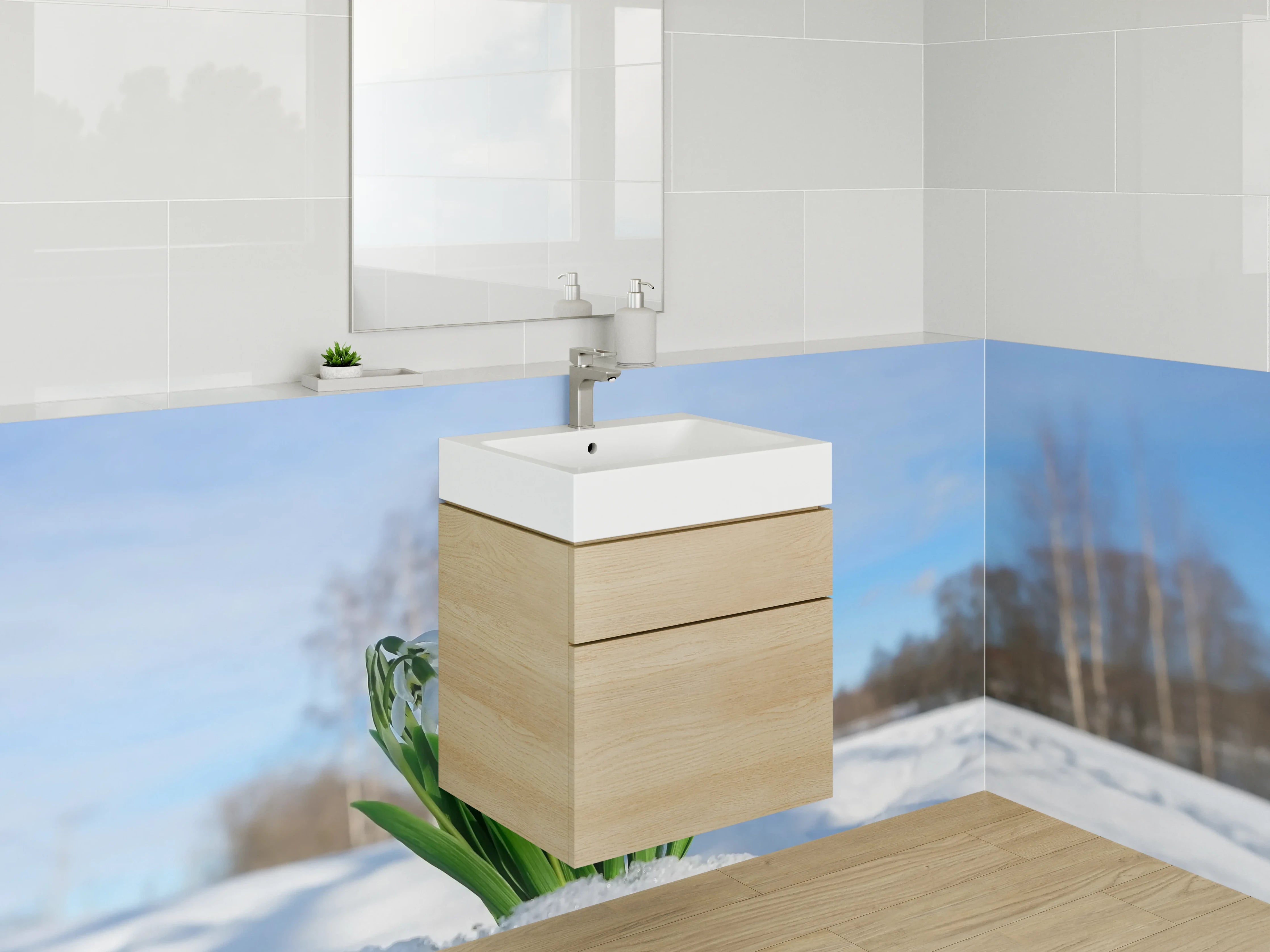 Waschbecken-Rückwand - Frühblüher im Schnee – Naturmotiv
