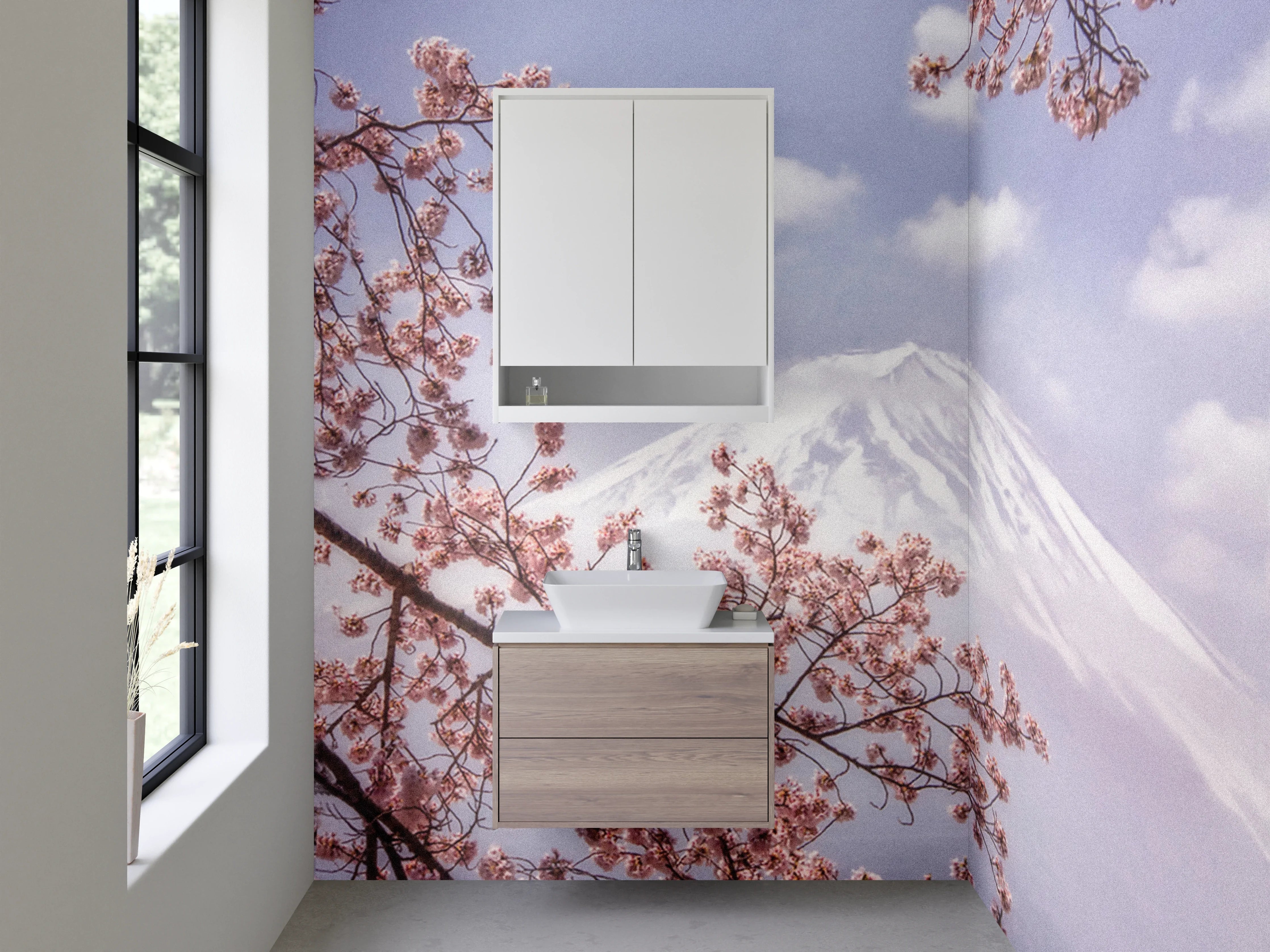Waschbecken-Rückwand - Frühlingserwachen mit Mount Fuji und Kirschblüten