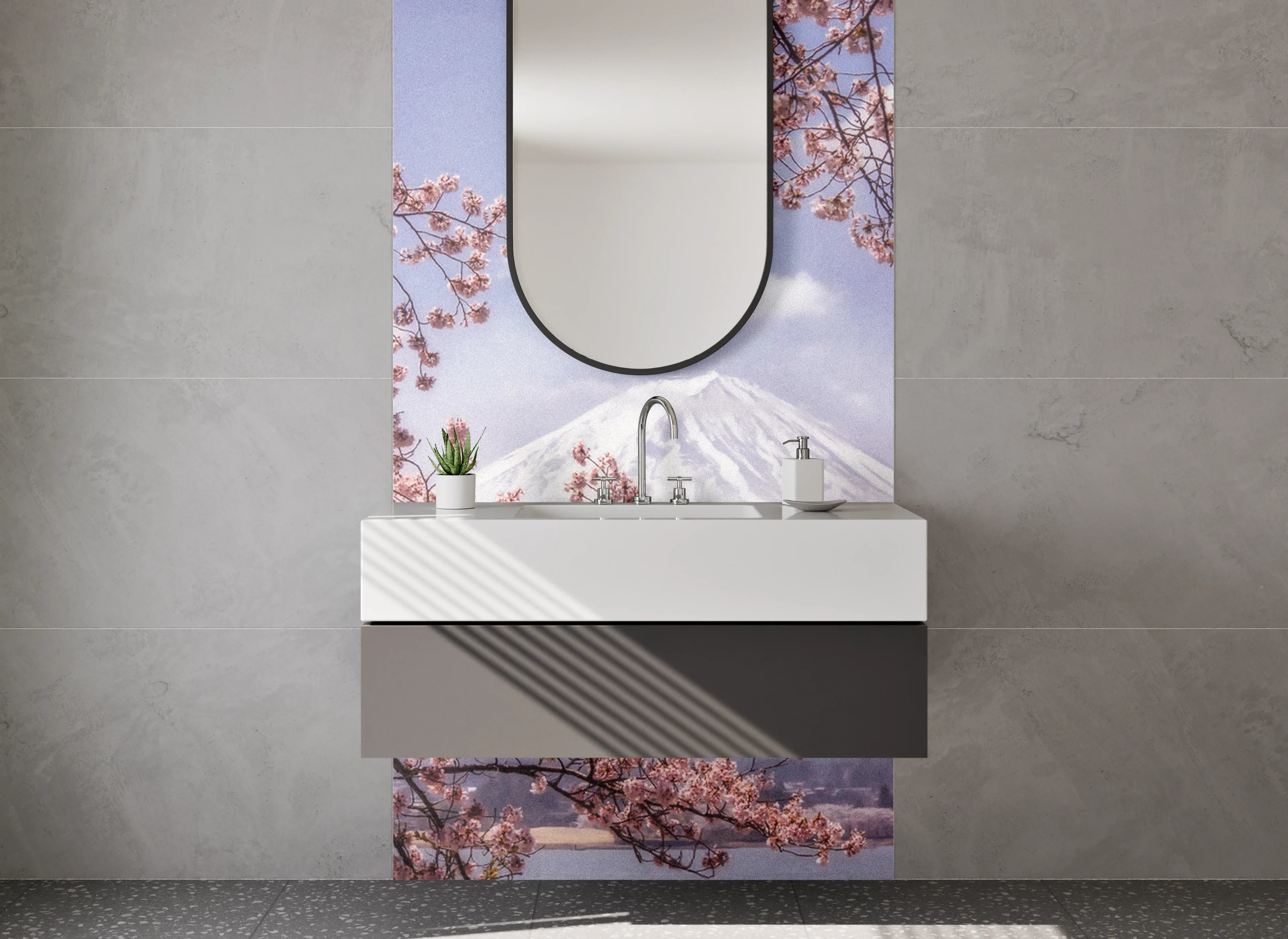 Waschbecken-Rückwand - Frühlingserwachen mit Mount Fuji und Kirschblüten