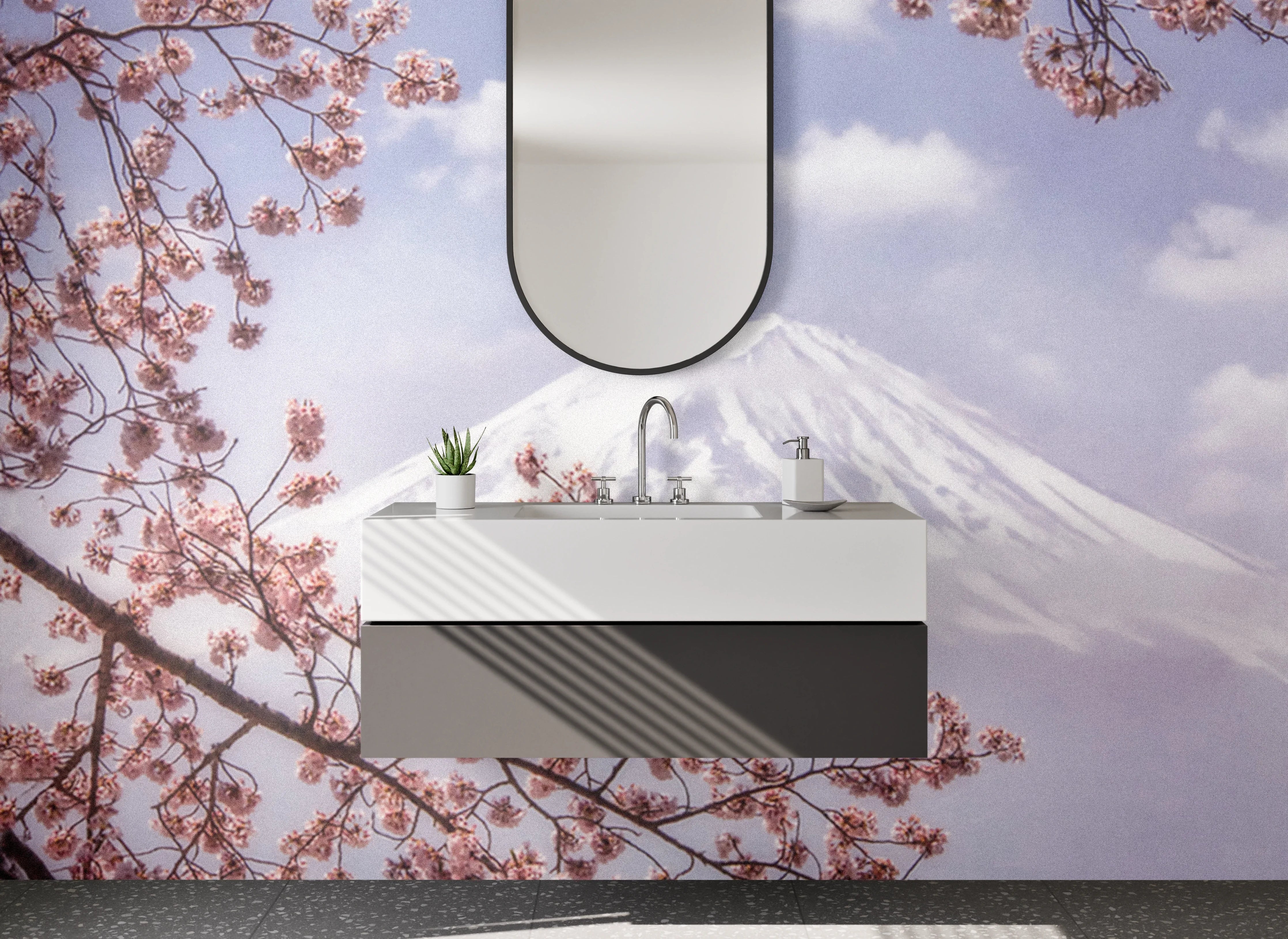Waschbecken-Rückwand - Frühlingserwachen mit Mount Fuji und Kirschblüten