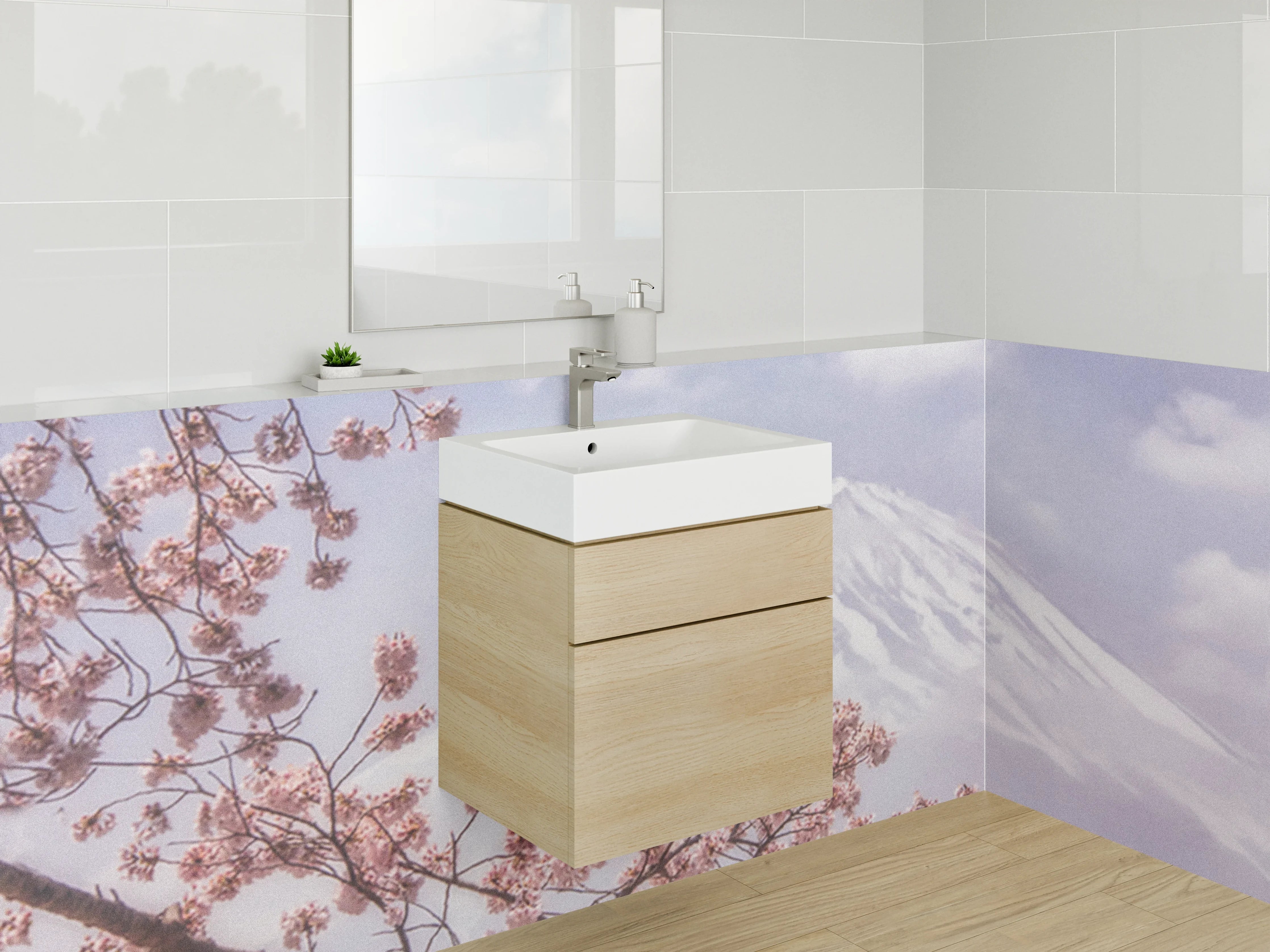 Waschbecken-Rückwand - Frühlingserwachen mit Mount Fuji und Kirschblüten