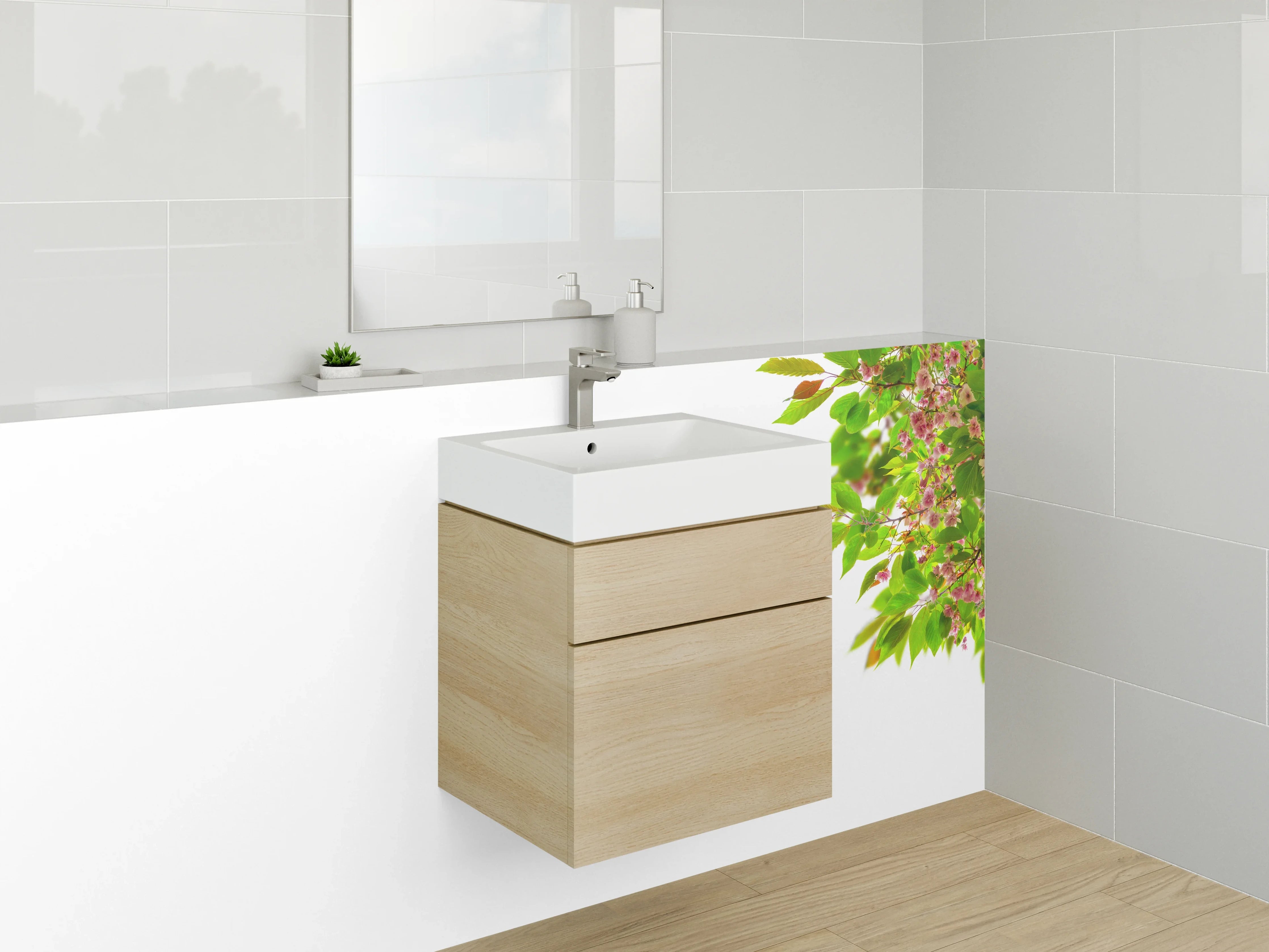 Waschbecken-Rückwand - Frühlingshafte Blüten und Blätter