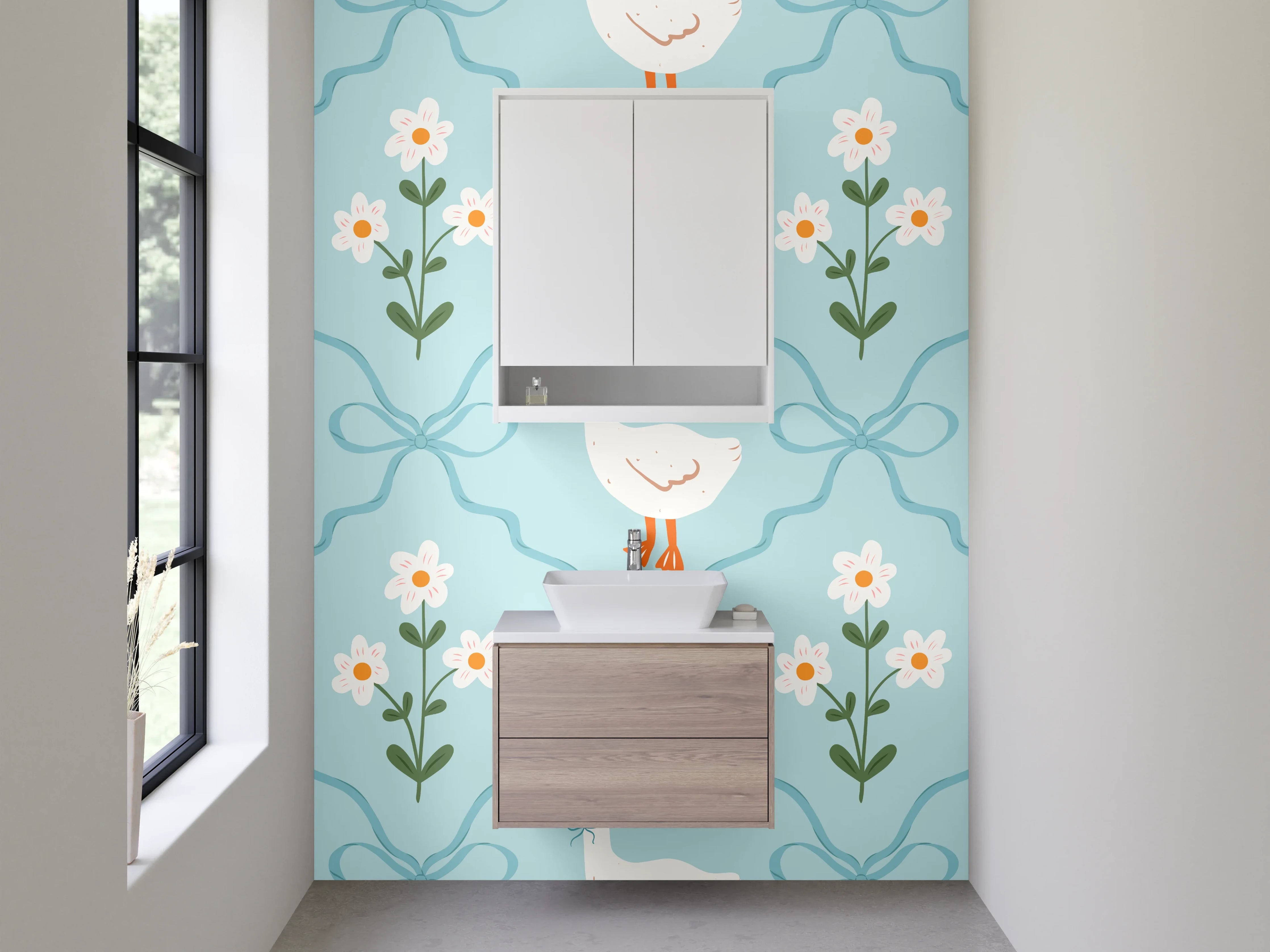 Waschbecken-Rückwand - Gänse Vintage Muster auf Hellblau