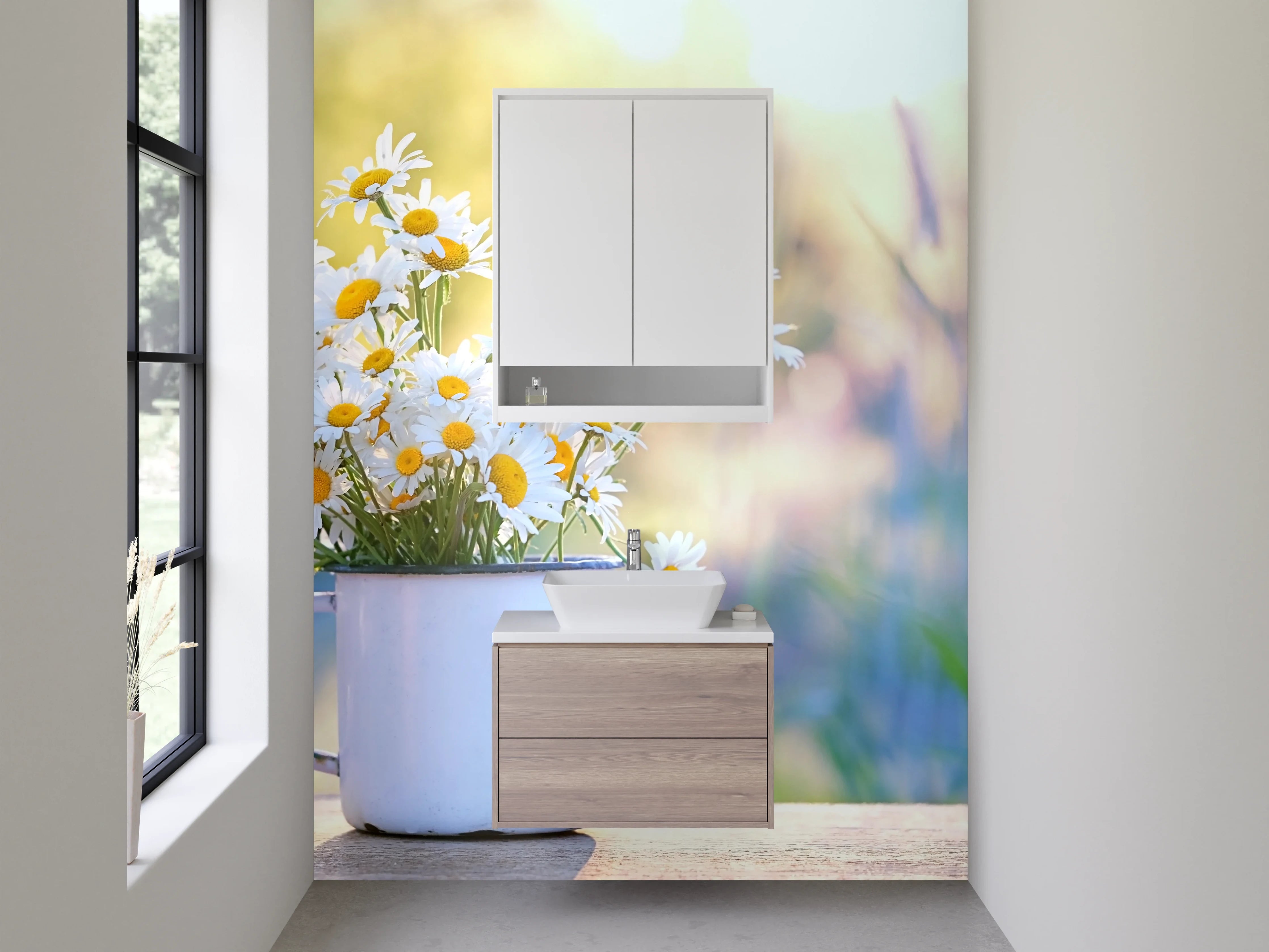 Waschbecken-Rückwand - Gänseblümchen im Emaillebecher auf Holztisch