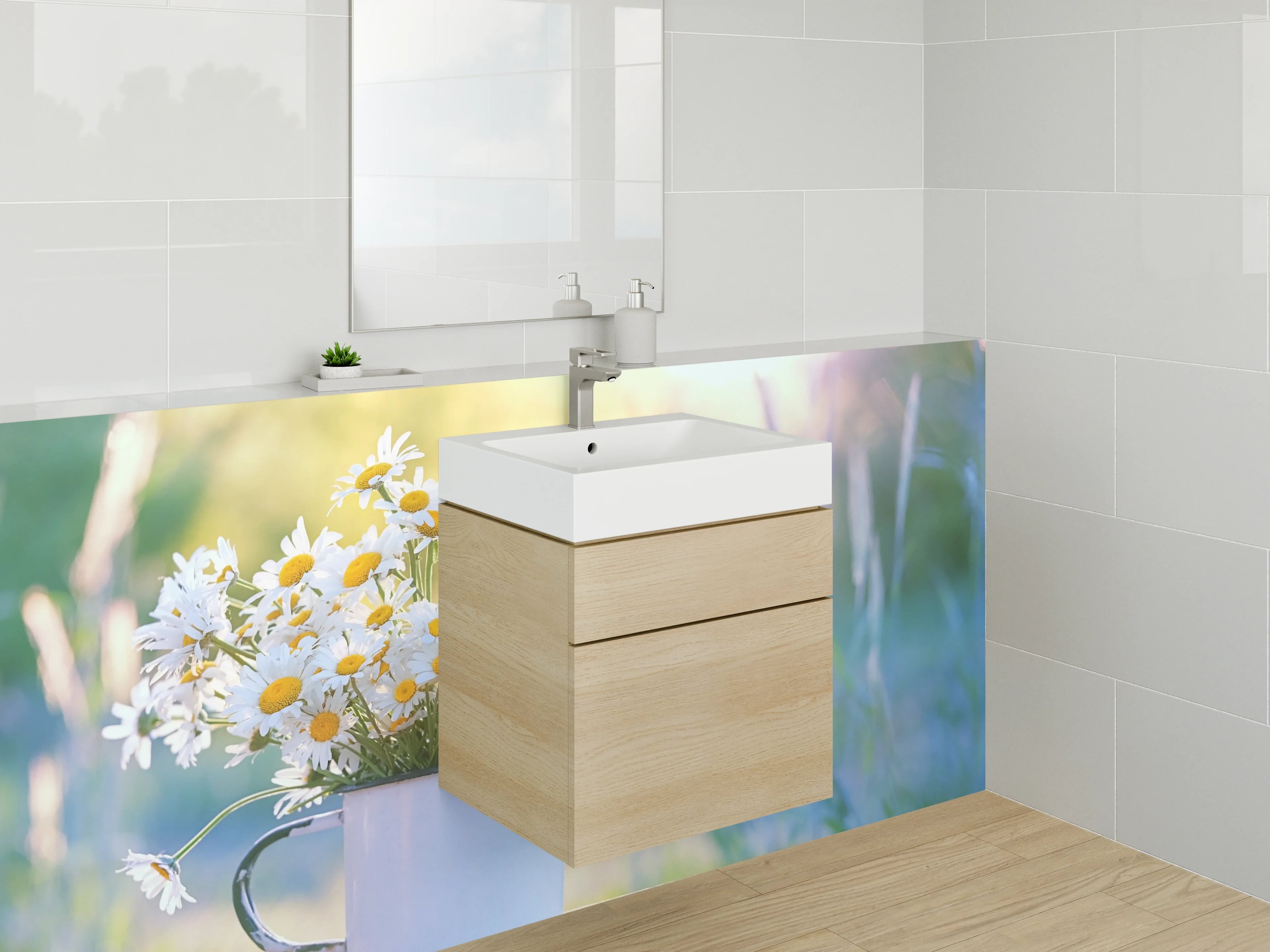 Waschbecken-Rückwand - Gänseblümchen im Emaillebecher auf Holztisch