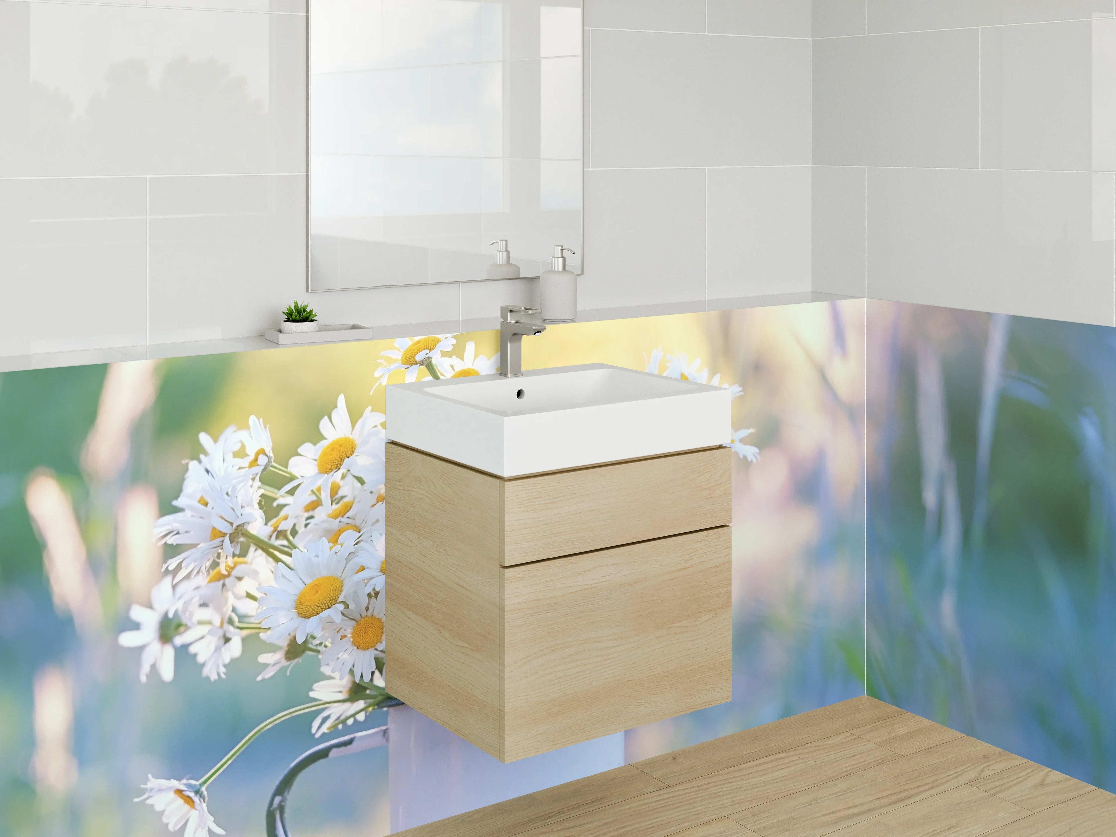 Waschbecken-Rückwand - Gänseblümchen im Emaillebecher auf Holztisch