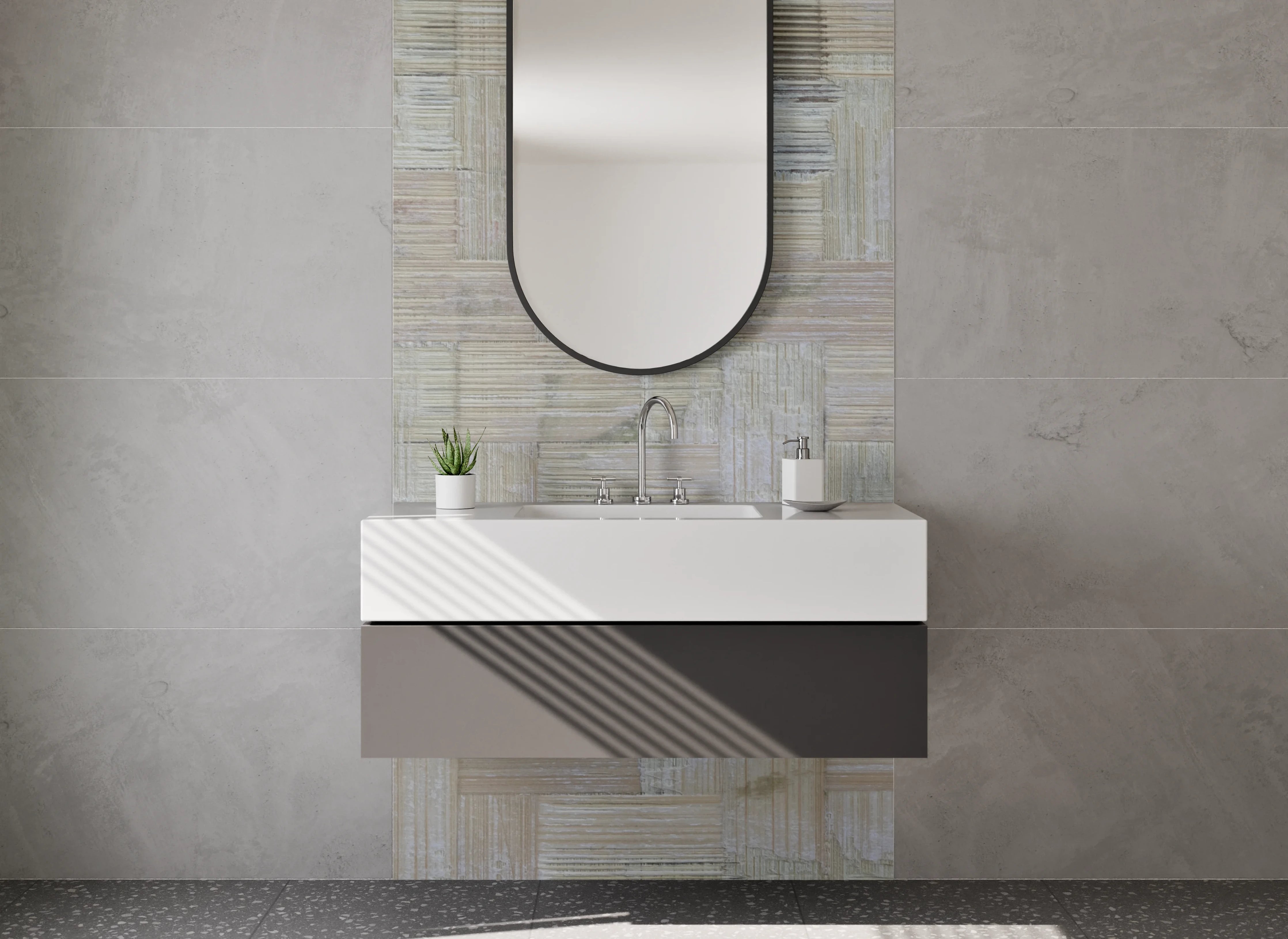 Waschbecken-Rückwand - Geflochtenes Holzfliesen-Muster Beige Grau