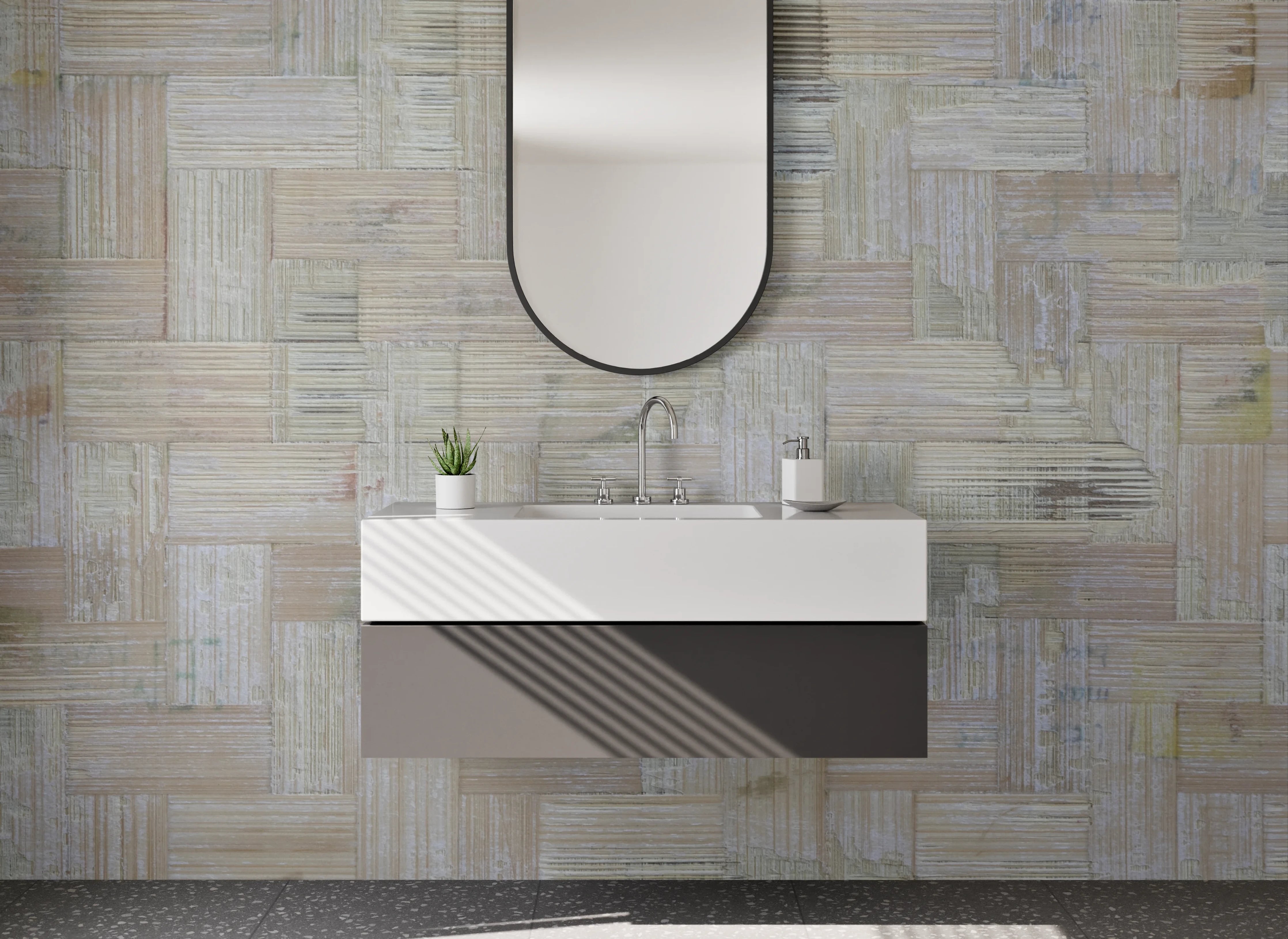 Waschbecken-Rückwand - Geflochtenes Holzfliesen-Muster Beige Grau