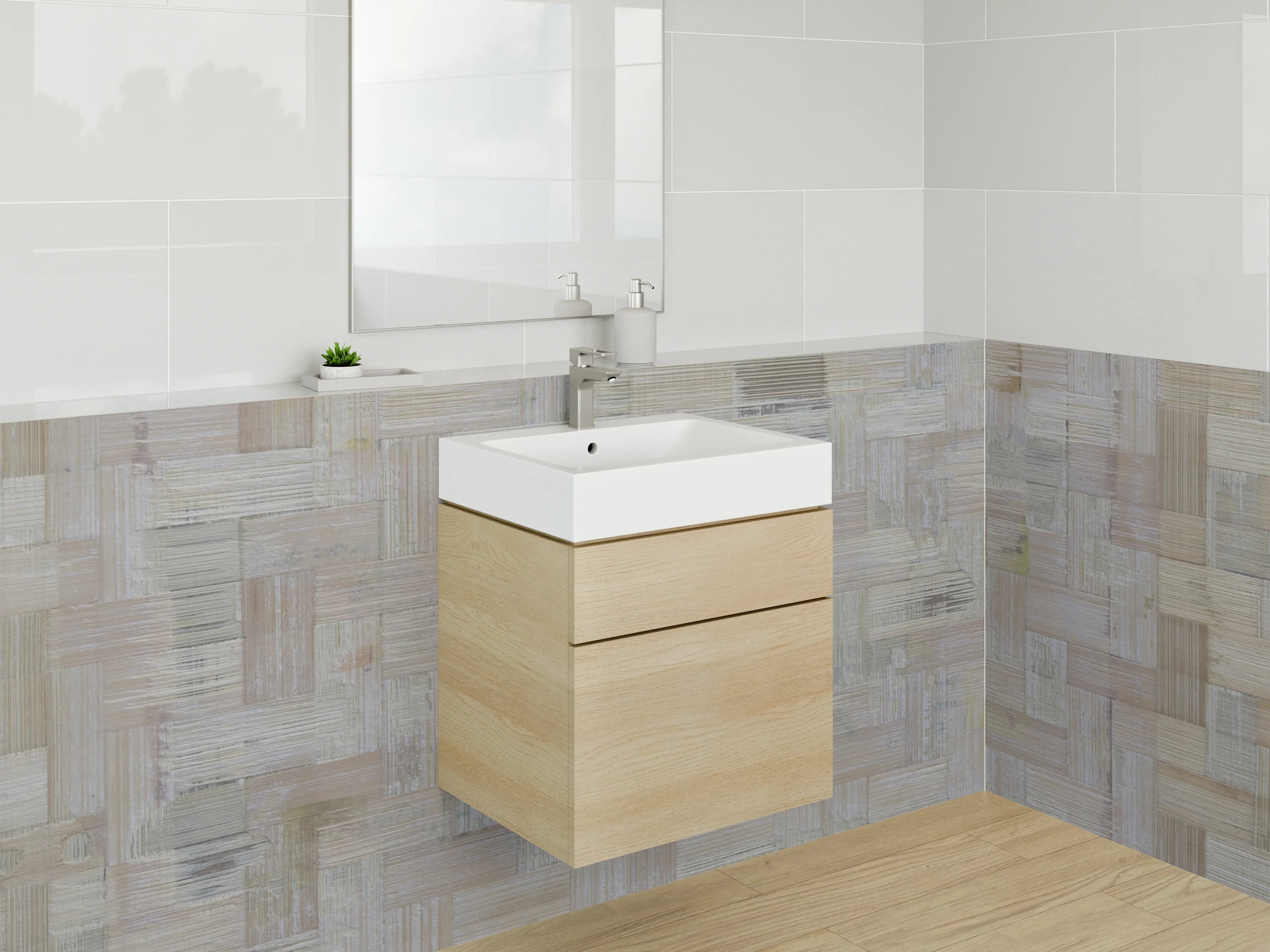 Waschbecken-Rückwand - Geflochtenes Holzfliesen-Muster Beige Grau