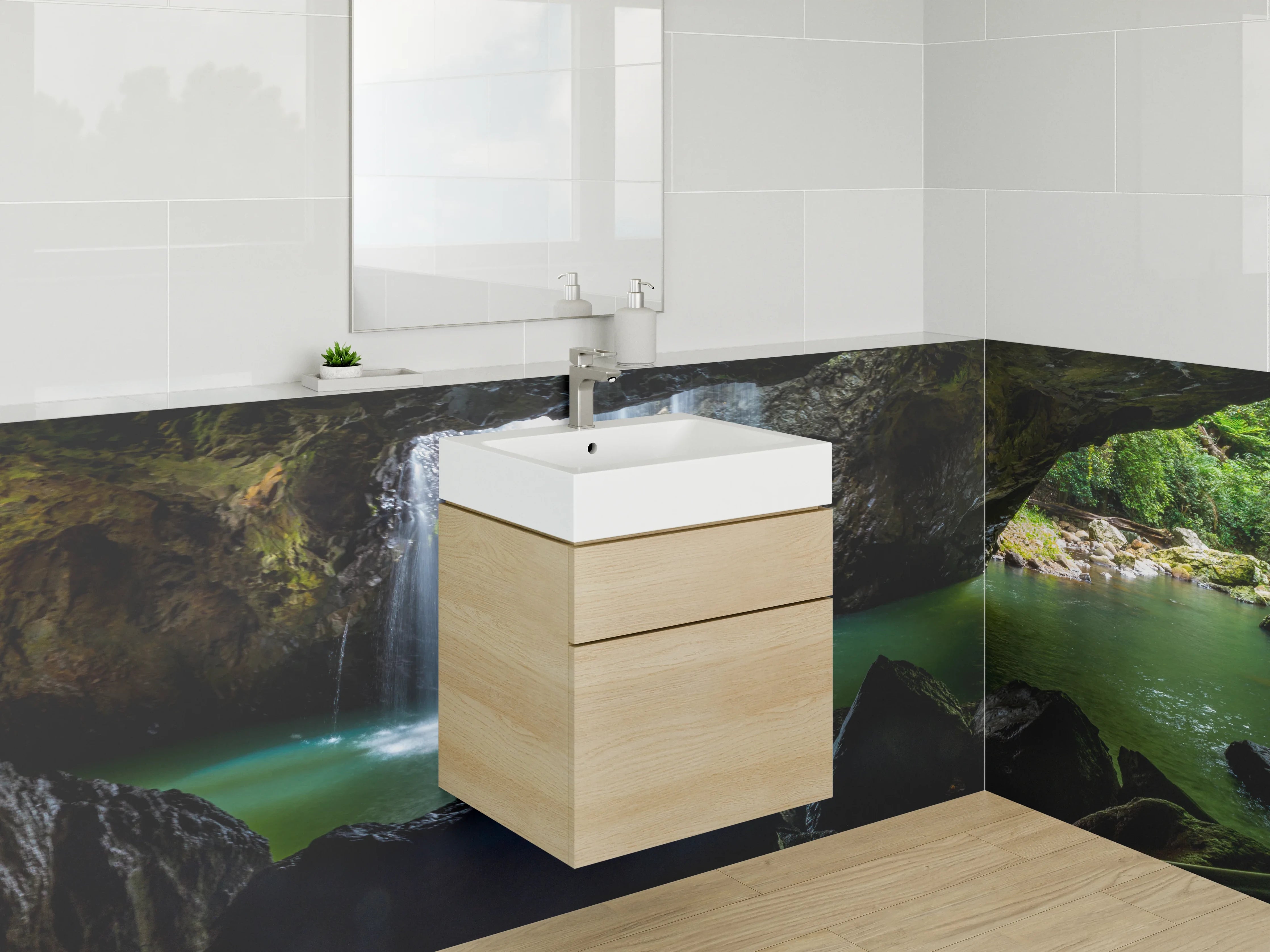 Waschbecken-Rückwand - Geheimnisvoller Wasserfall im Dschungel