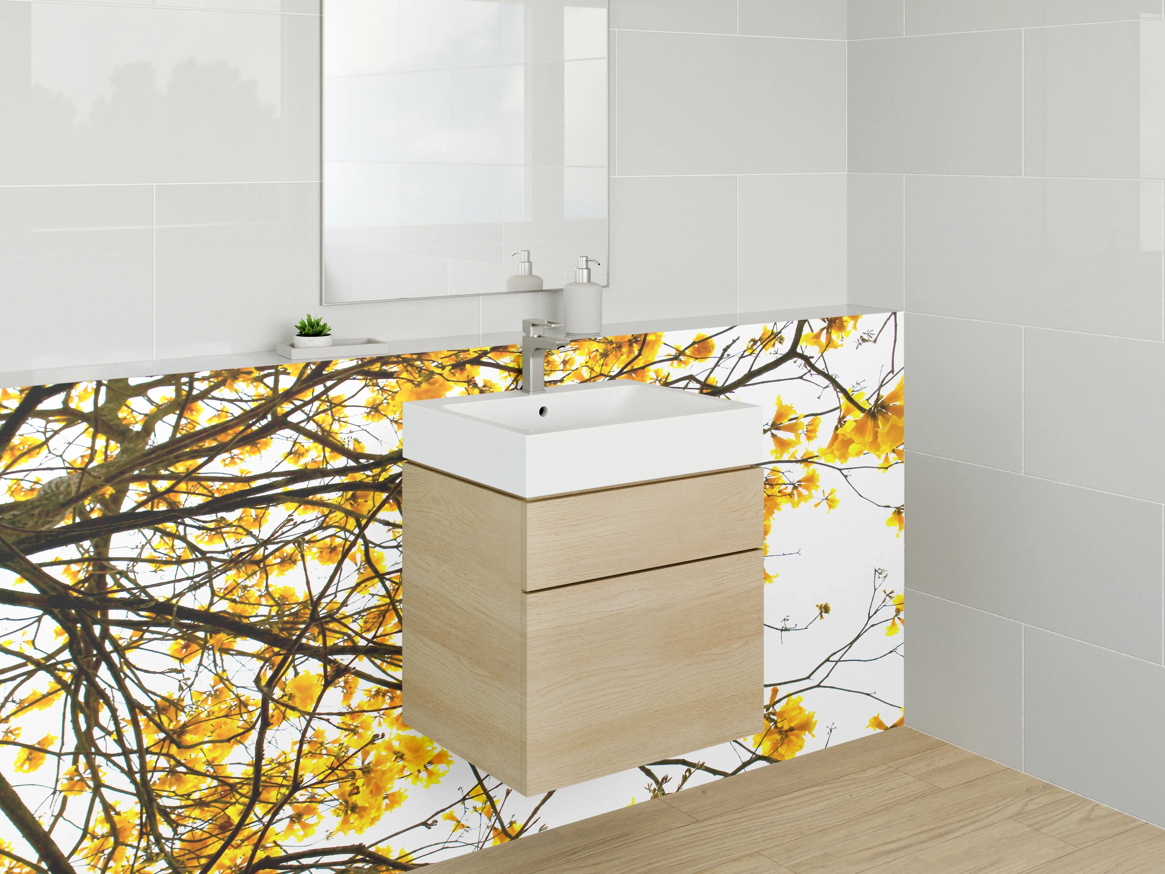 Waschbecken-Rückwand - Gelbe Blüten am Frühlingshimmel