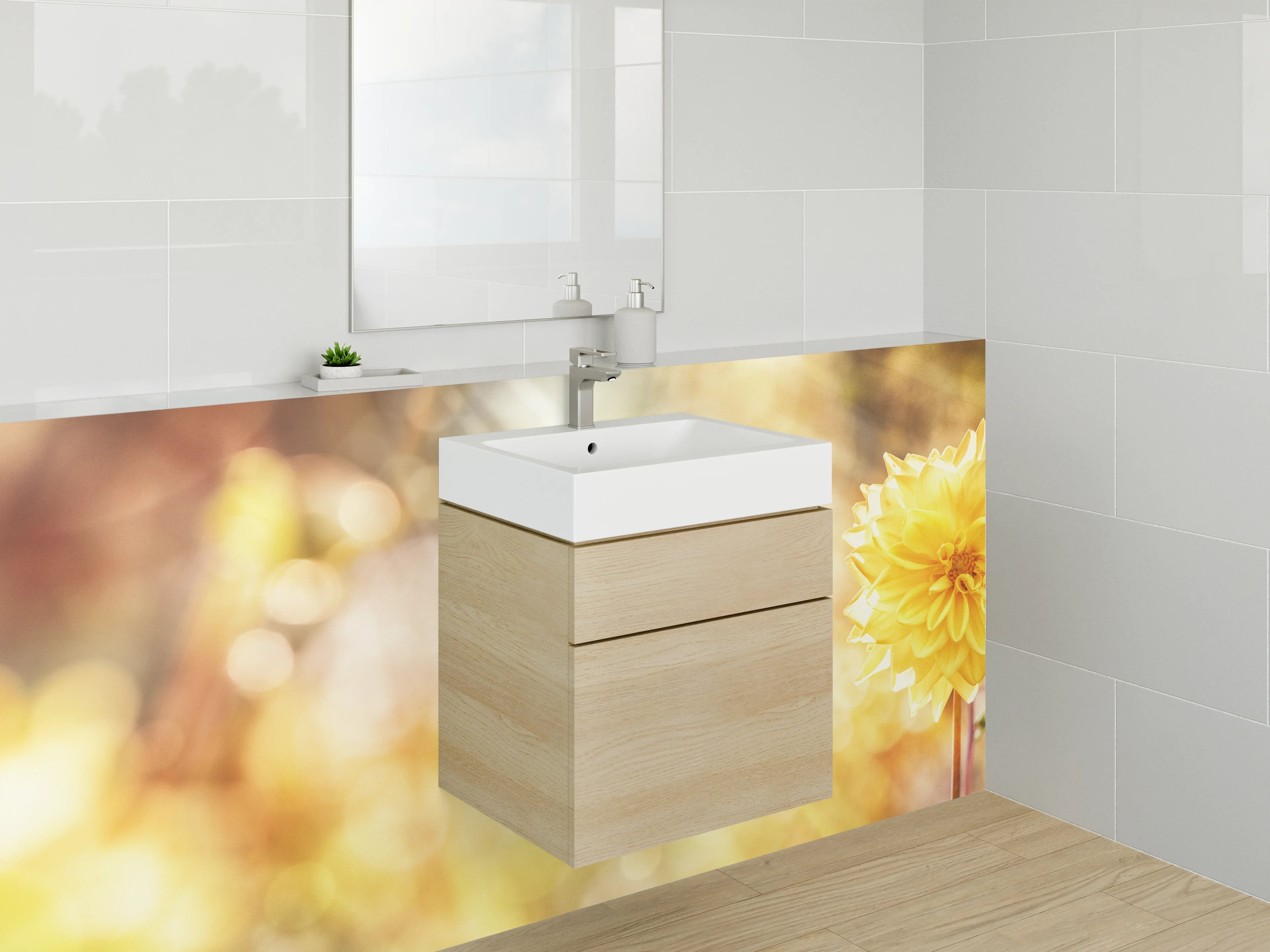 Waschbecken-Rückwand - Gelbe Dahlienblüte mit Biene im Sonnenlicht