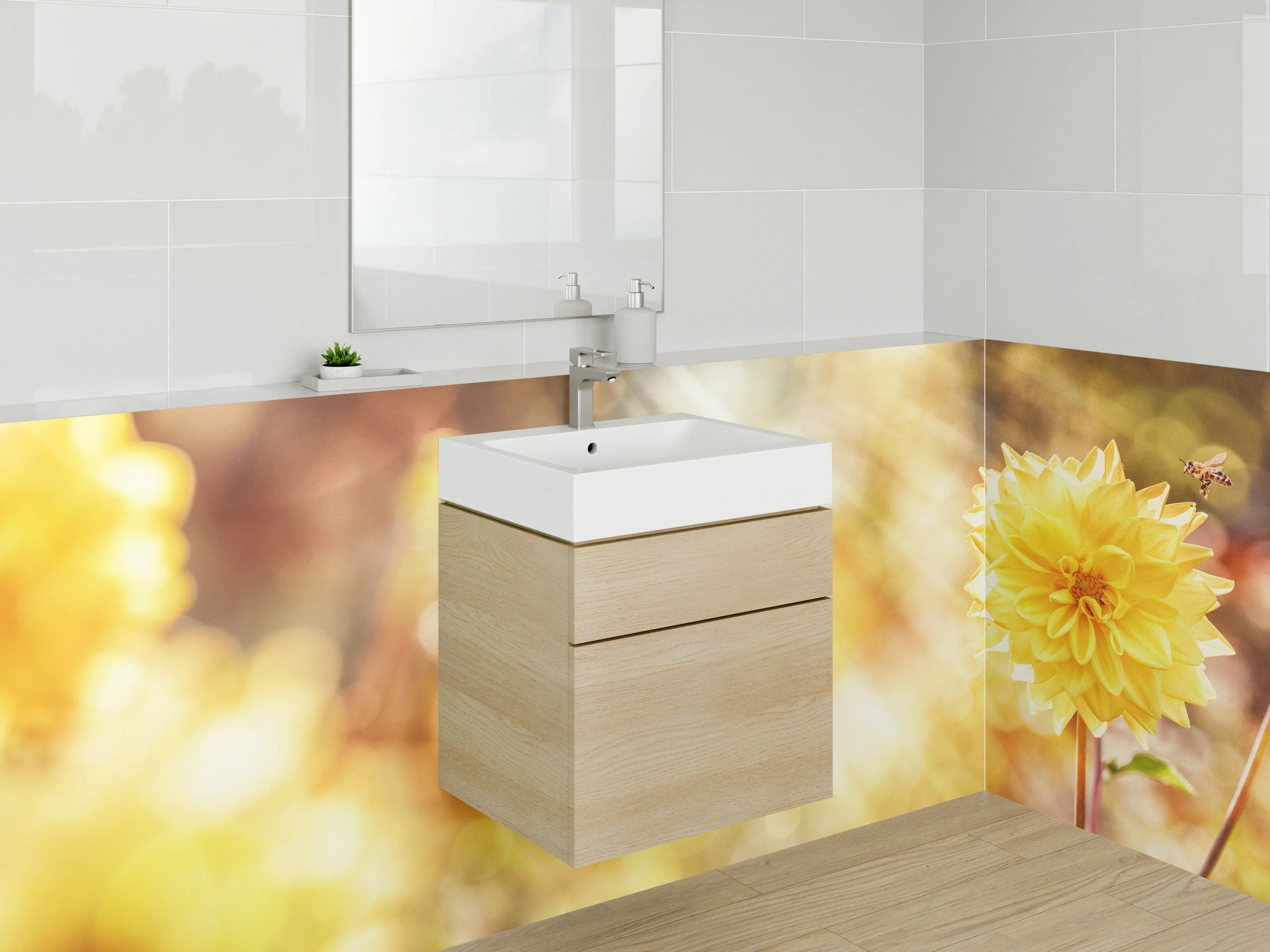 Waschbecken-Rückwand - Gelbe Dahlienblüte mit Biene im Sonnenlicht