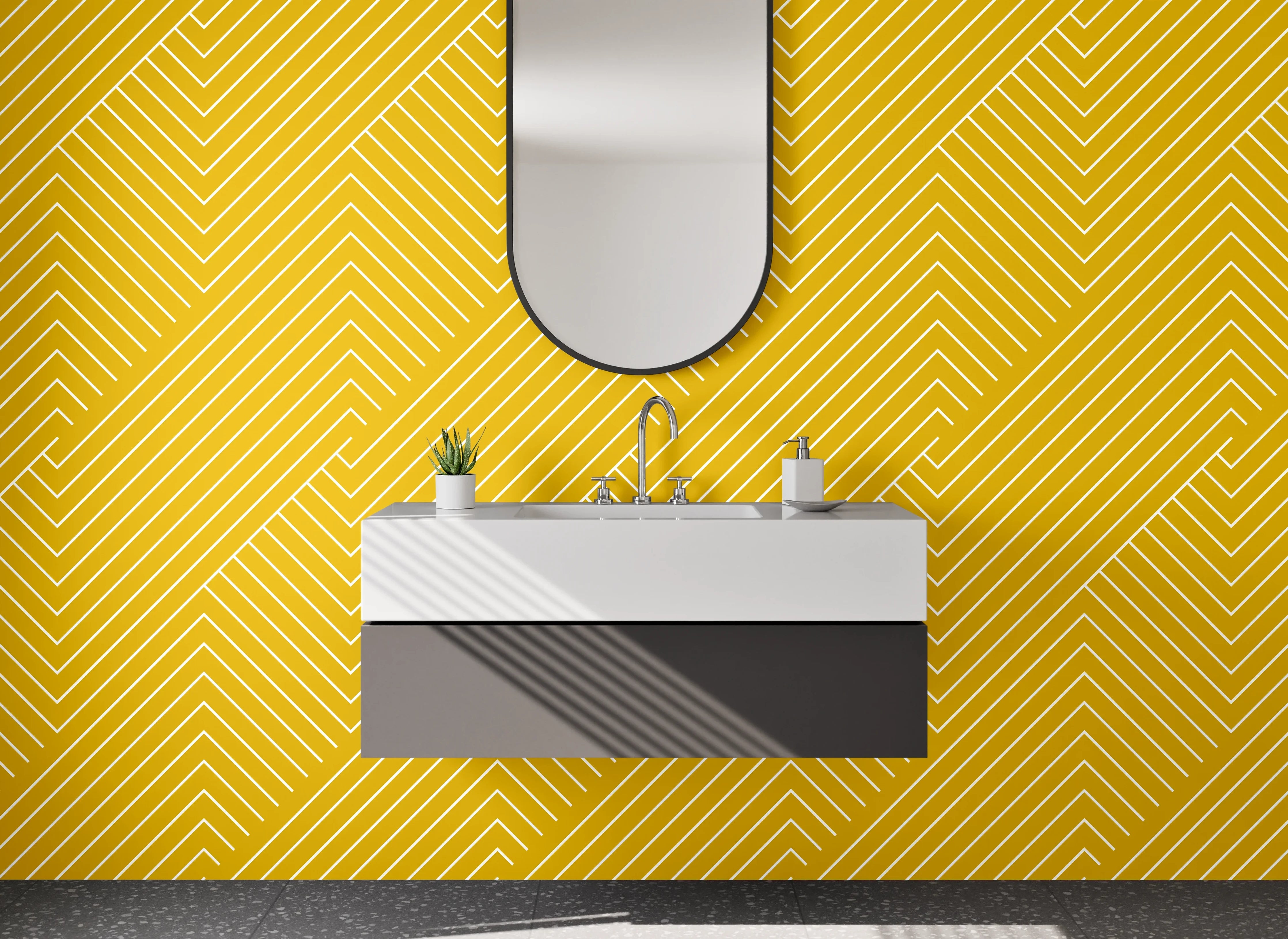 Waschbecken-Rückwand - Gelbe Retro Linien Muster