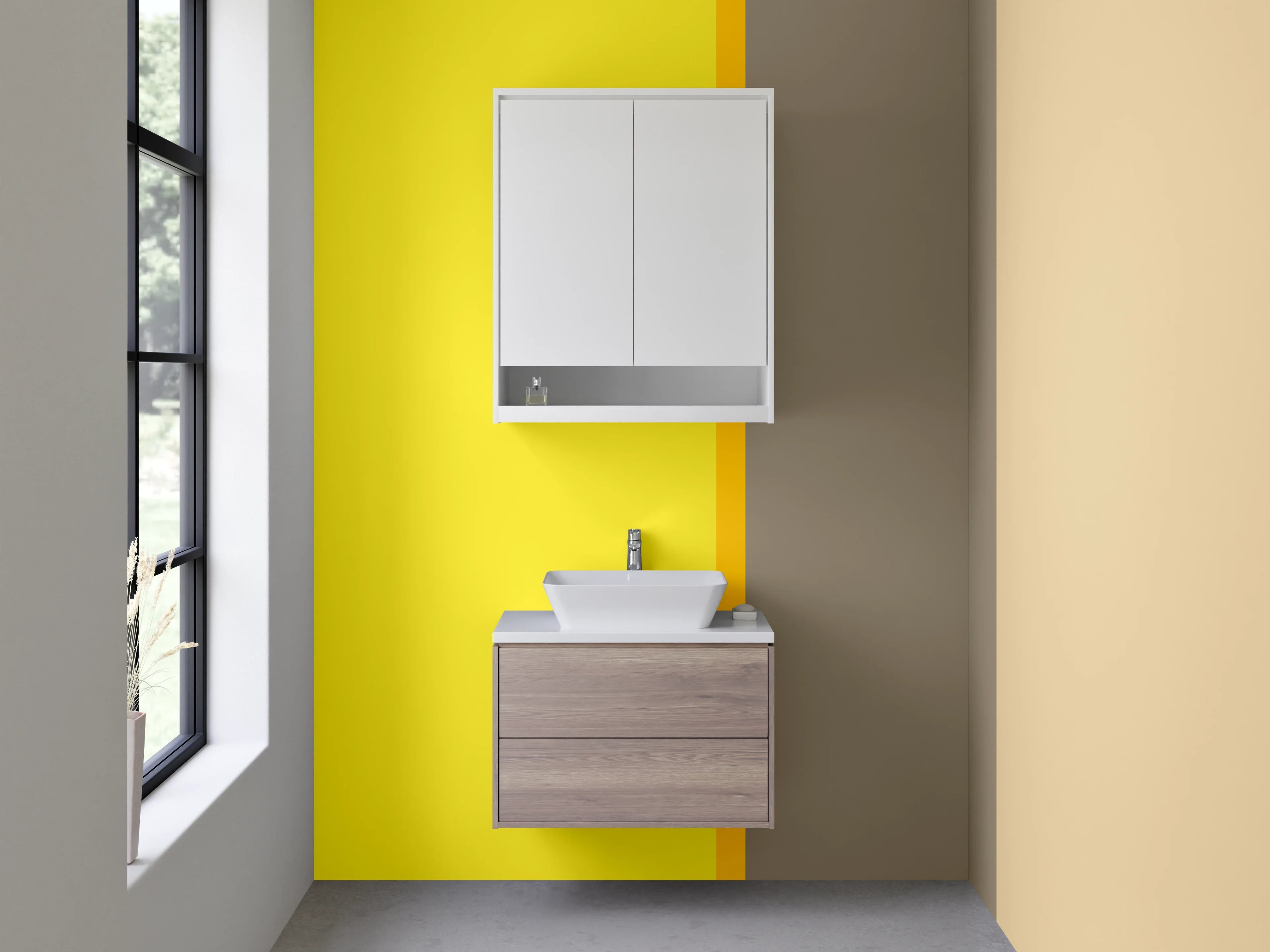 Waschbecken-Rückwand - Gelbe Wand mit Grau- braunen Akzenten