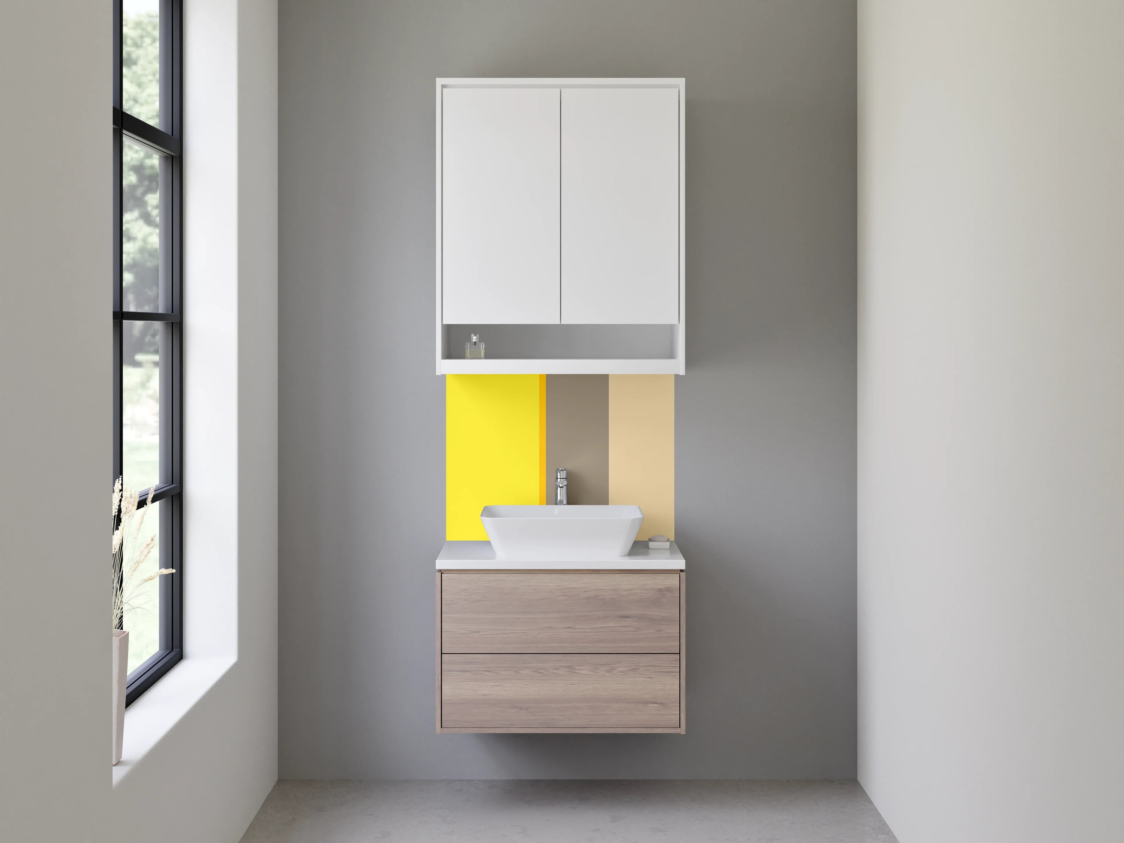 Waschbecken-Rückwand - Gelbe Wand mit Grau- braunen Akzenten