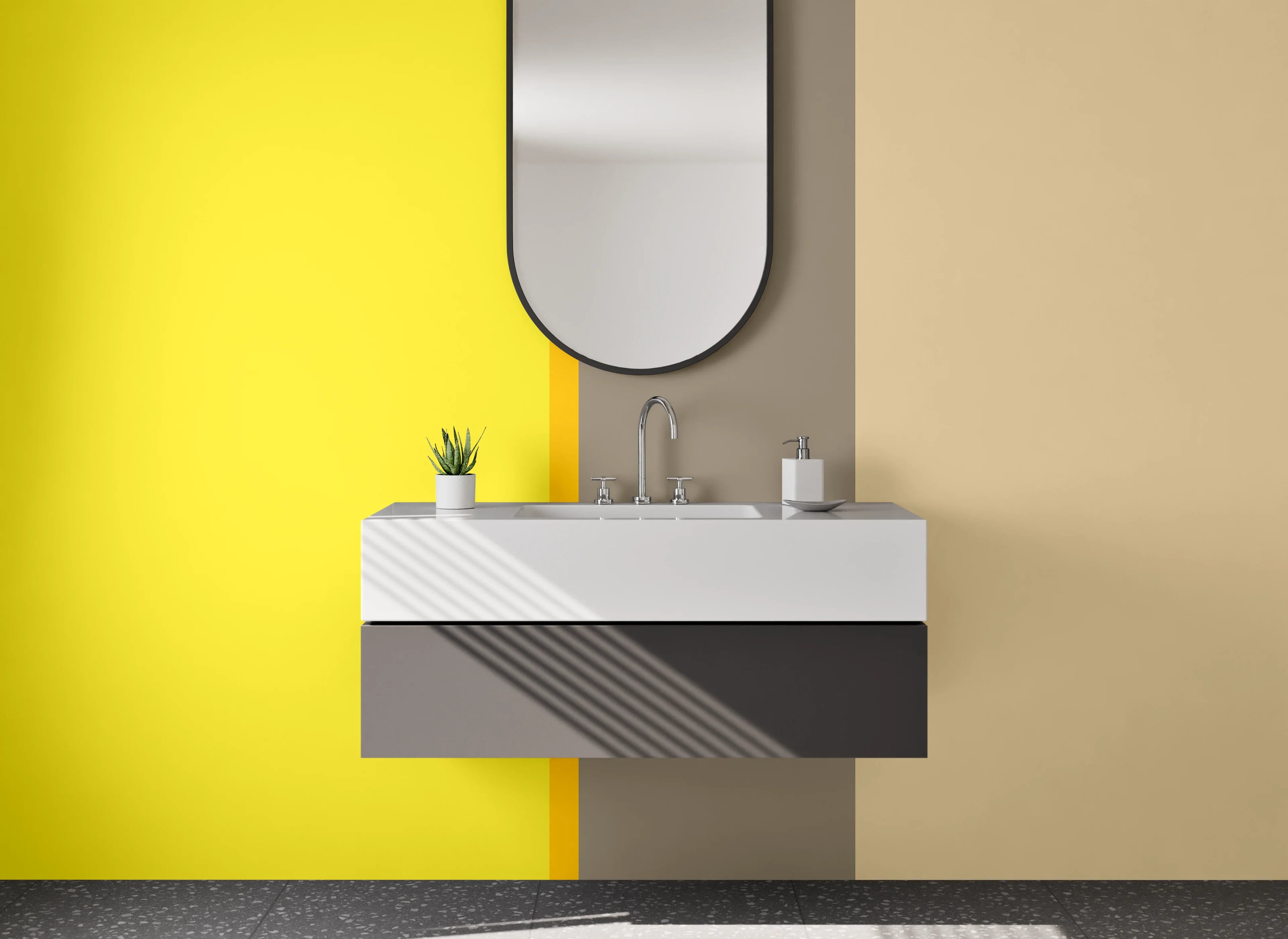 Waschbecken-Rückwand - Gelbe Wand mit Grau- braunen Akzenten