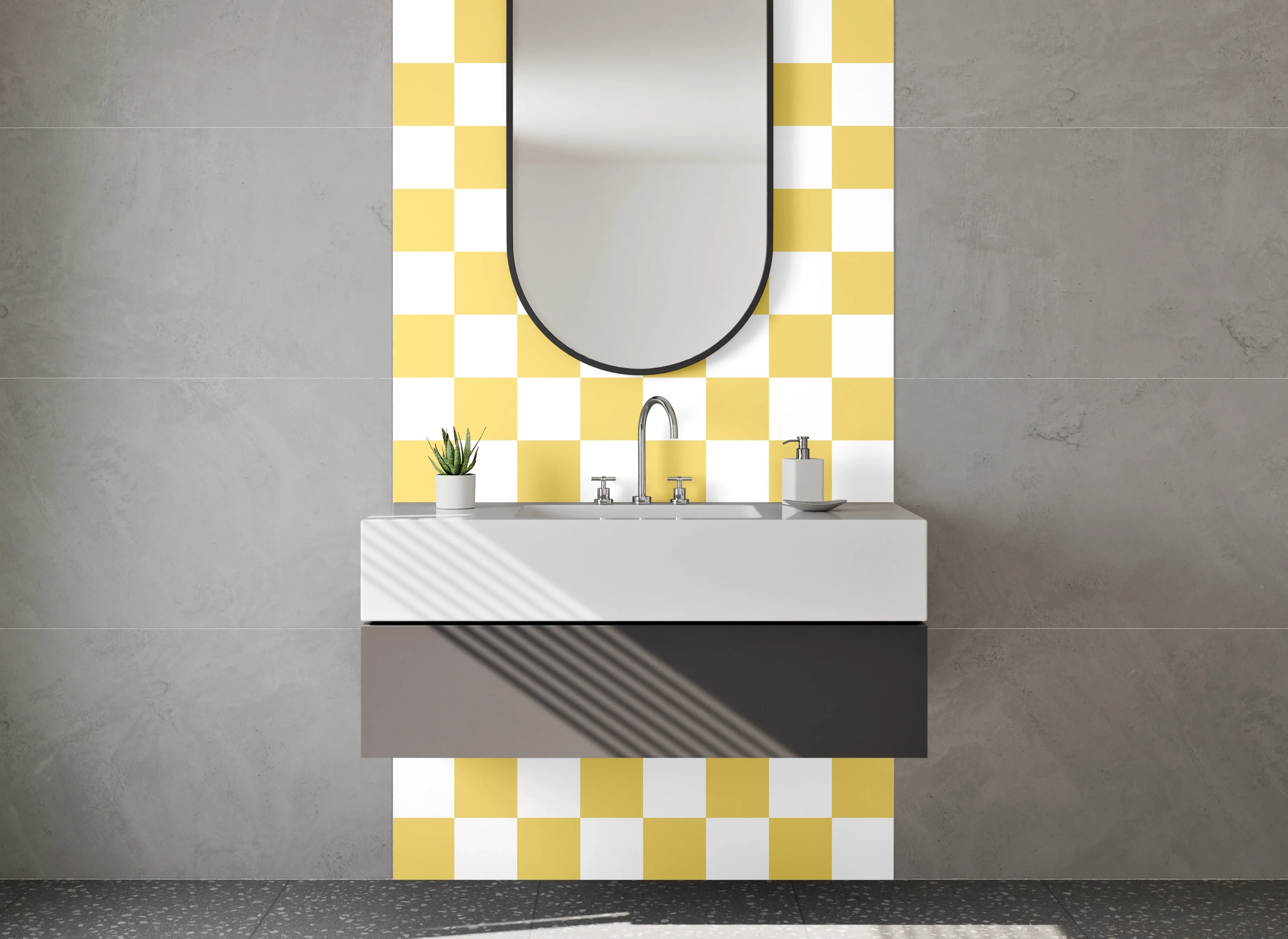Waschbecken-Rückwand - Gelbes Karo Muster Retro-Design