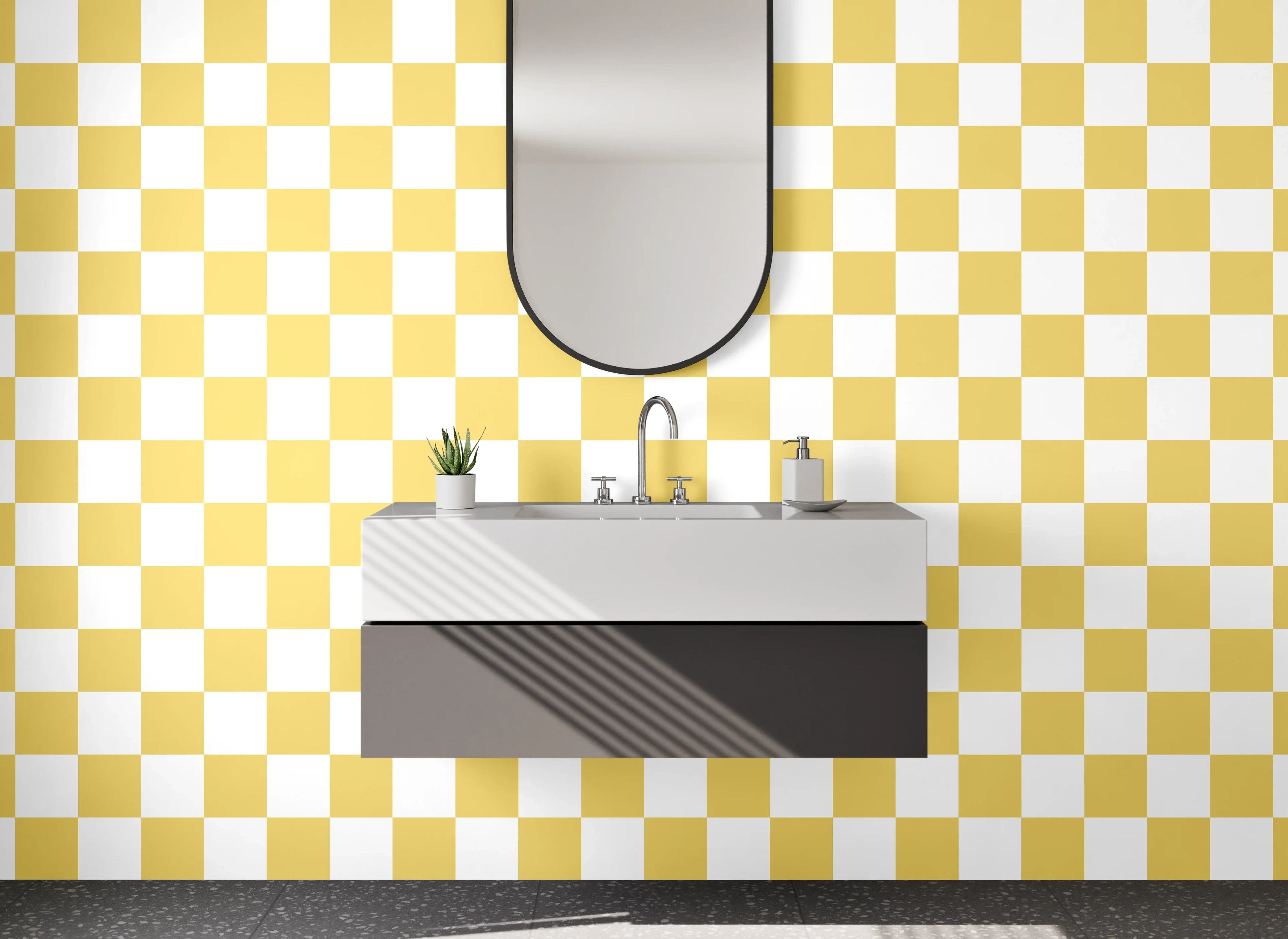 Waschbecken-Rückwand - Gelbes Karo Muster Retro-Design
