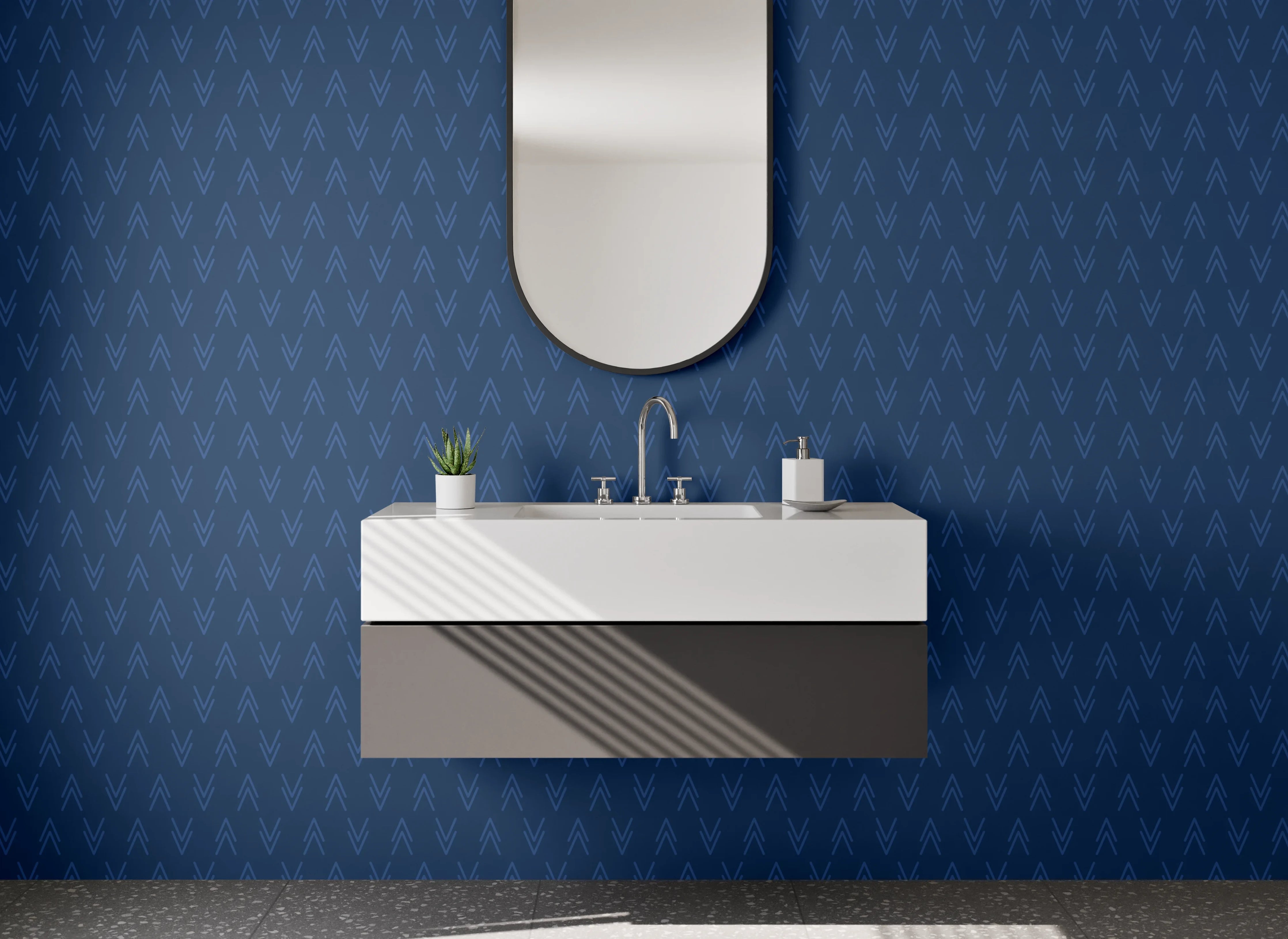 Waschbecken-Rückwand - Geometrie in Nachtblau mit Grauweiß
