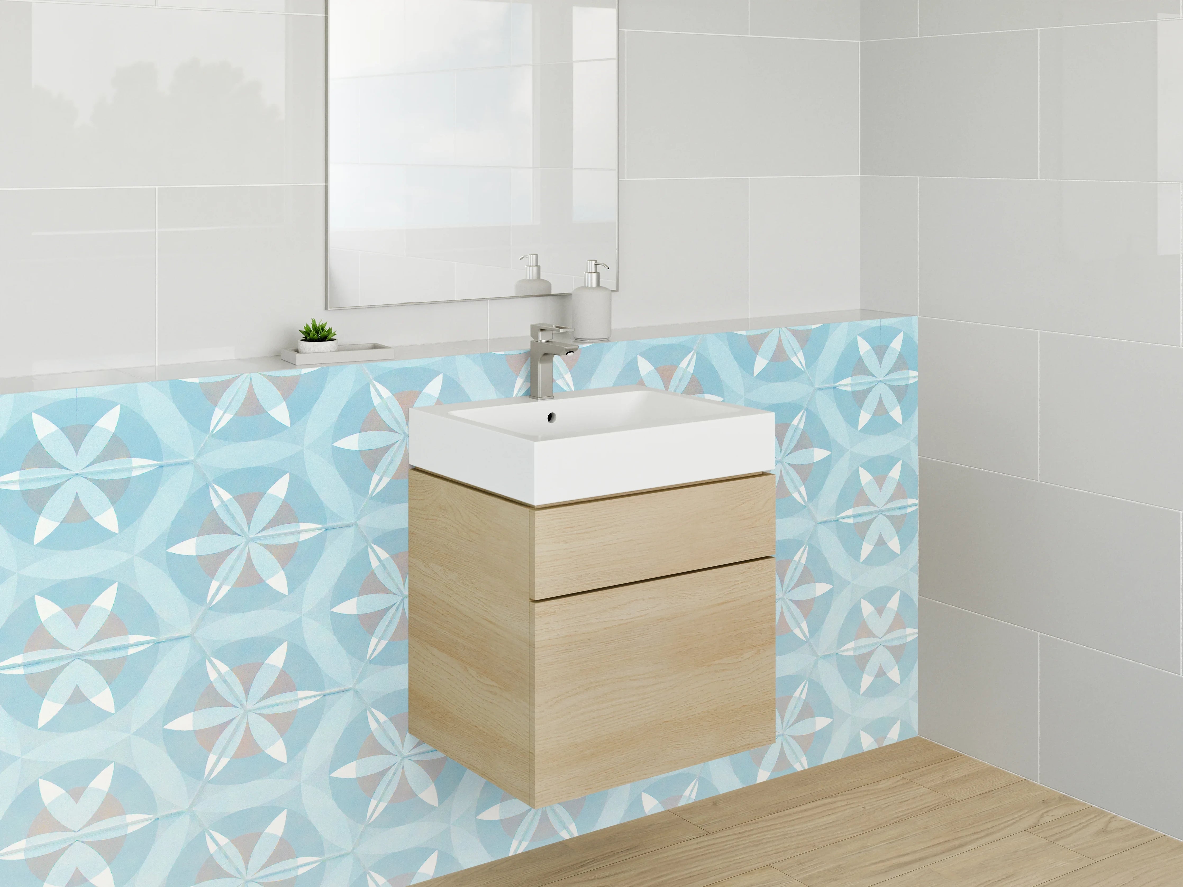 Waschbecken-Rückwand - Geometrische Fliesenmuster in Blau und Weiß