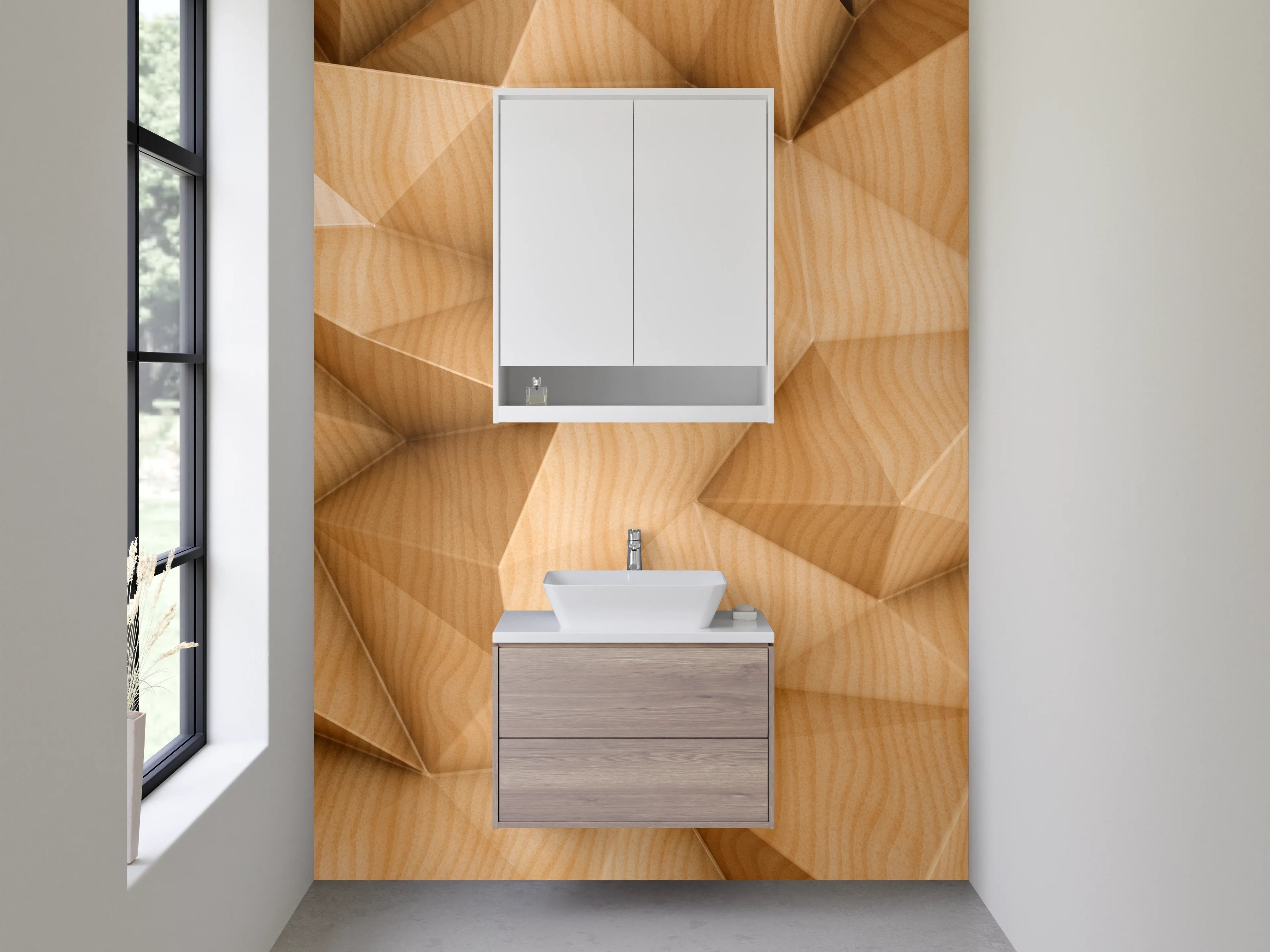 Waschbecken-Rückwand - Geometrische Holzoptik 3D Wandmotiv