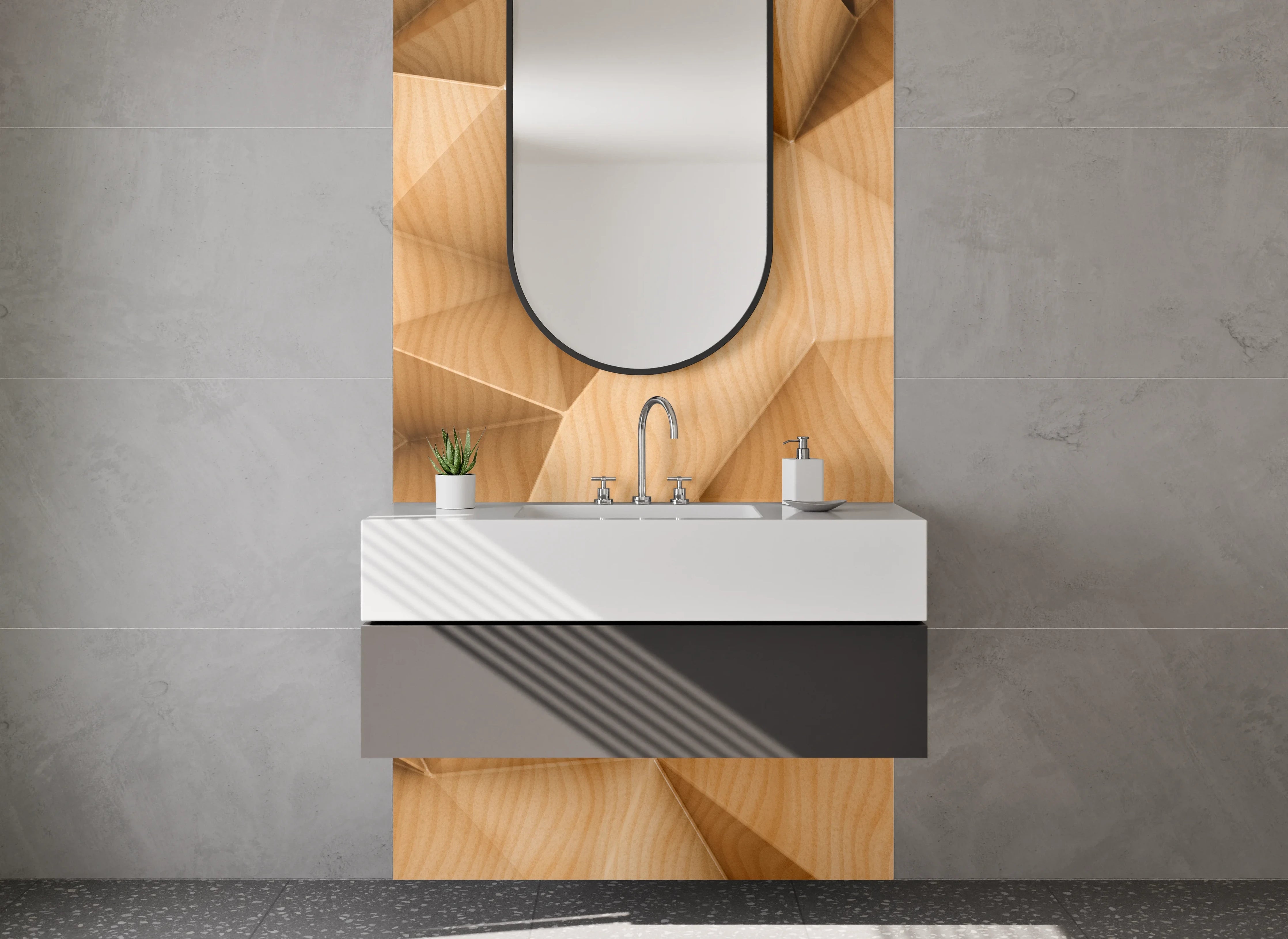Waschbecken-Rückwand - Geometrische Holzoptik 3D Wandmotiv