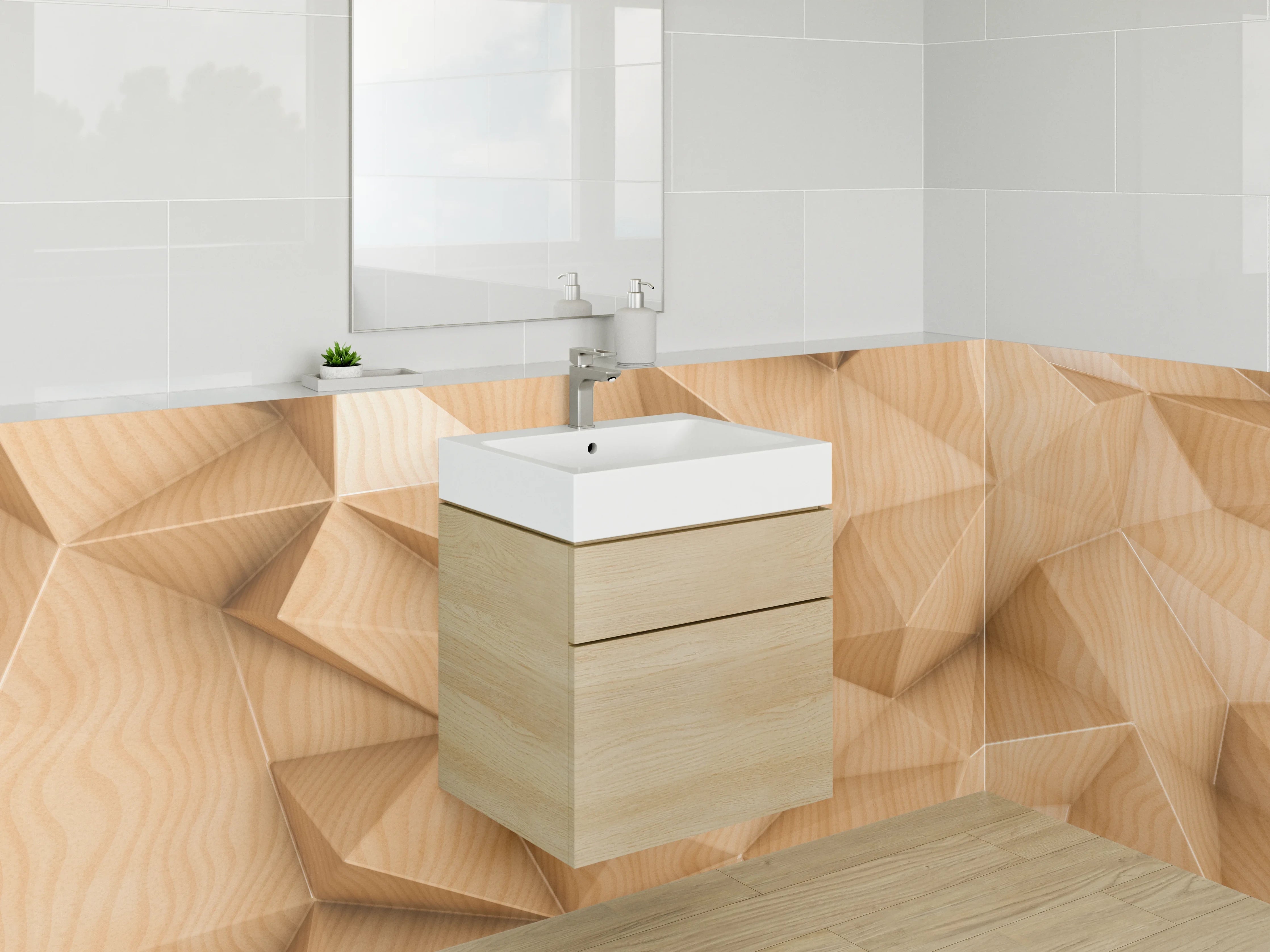 Waschbecken-Rückwand - Geometrische Holzoptik 3D Wandmotiv