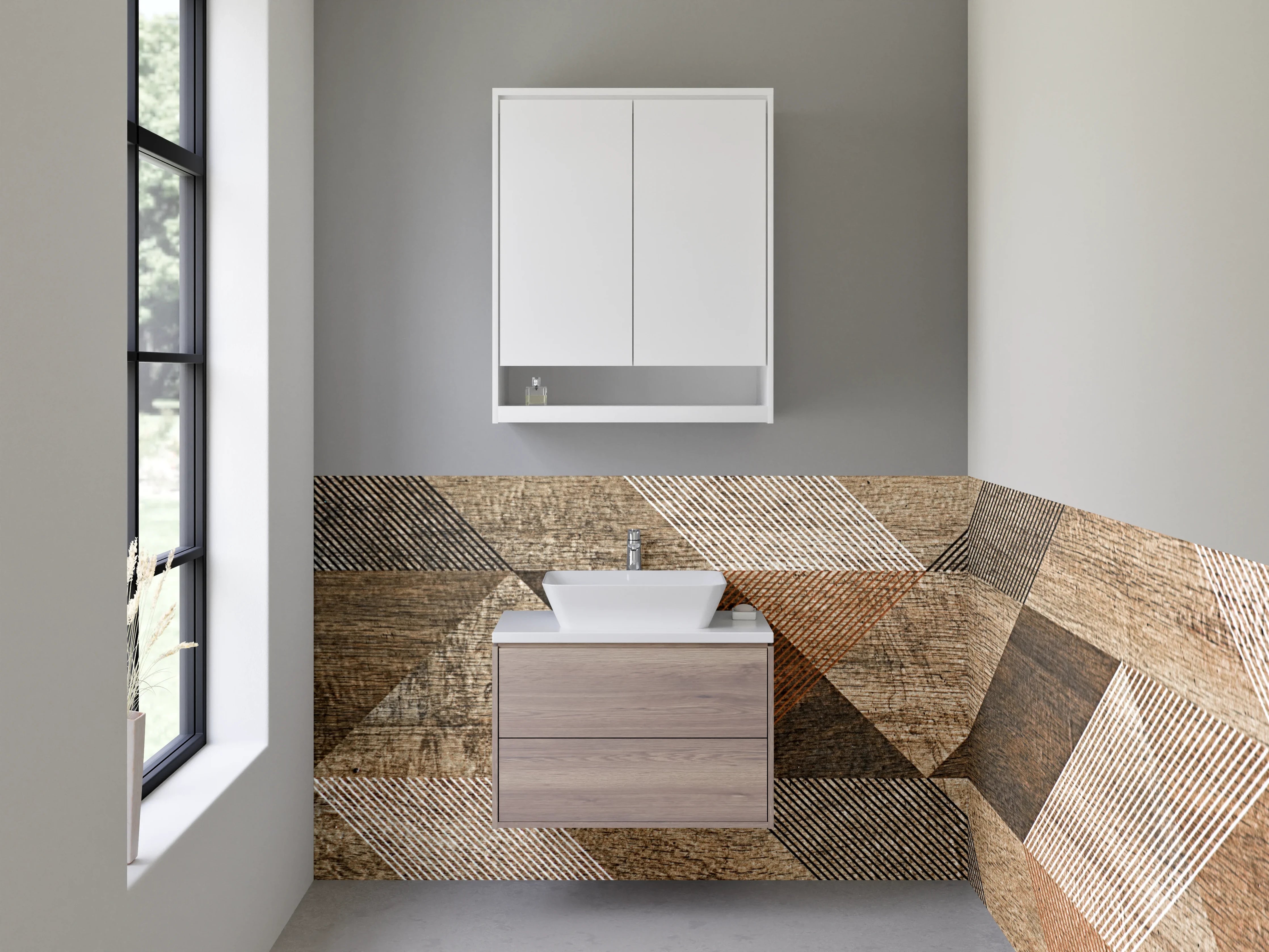 Waschbecken-Rückwand - Geometrische Holzoptik Vintage Musterfliesen