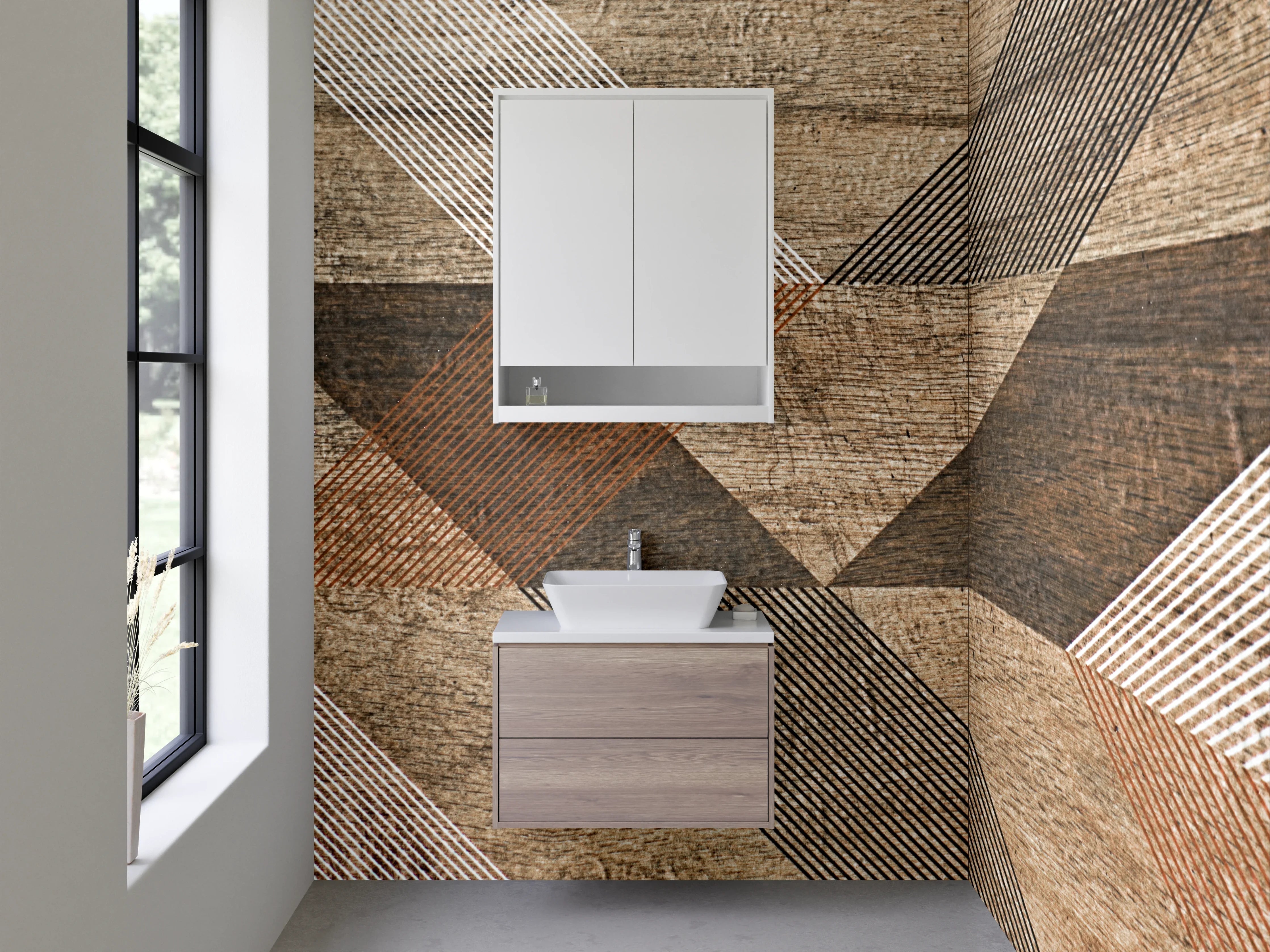 Waschbecken-Rückwand - Geometrische Holzoptik Vintage Musterfliesen