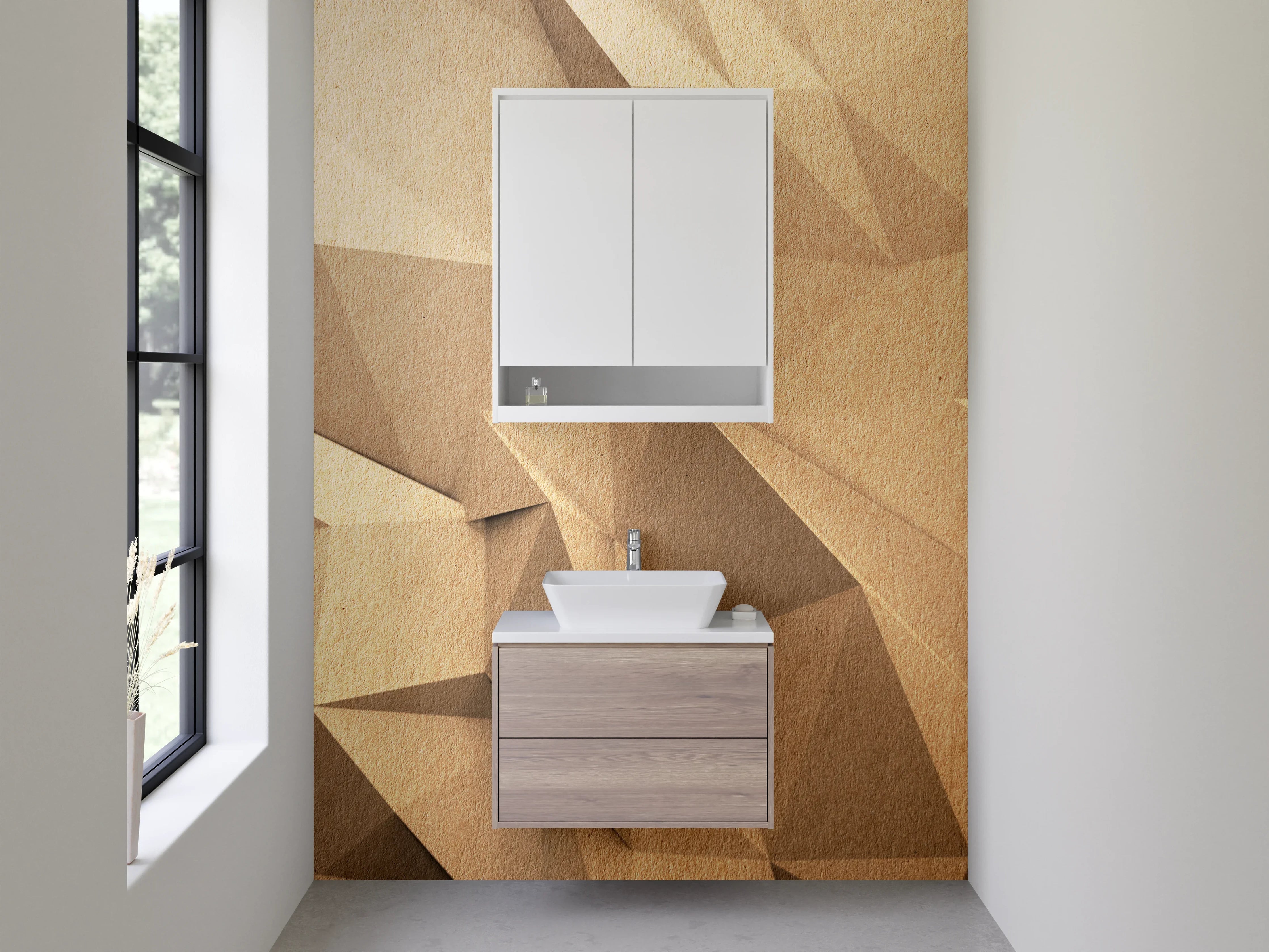 Waschbecken-Rückwand - Geometrische Holzstruktur 3D Effekt