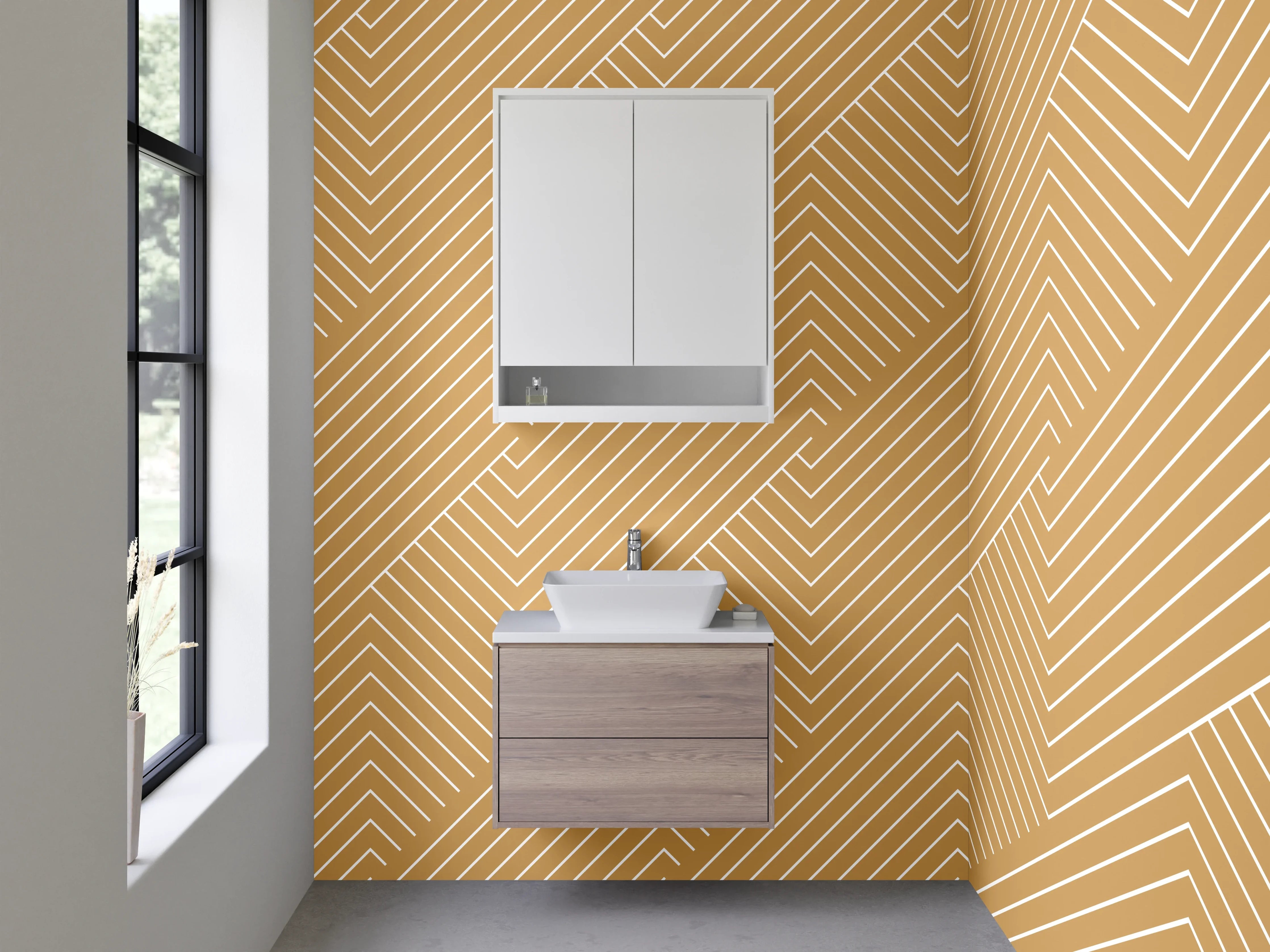 Waschbecken-Rückwand - Geometrische Linien in Beige und Grau
