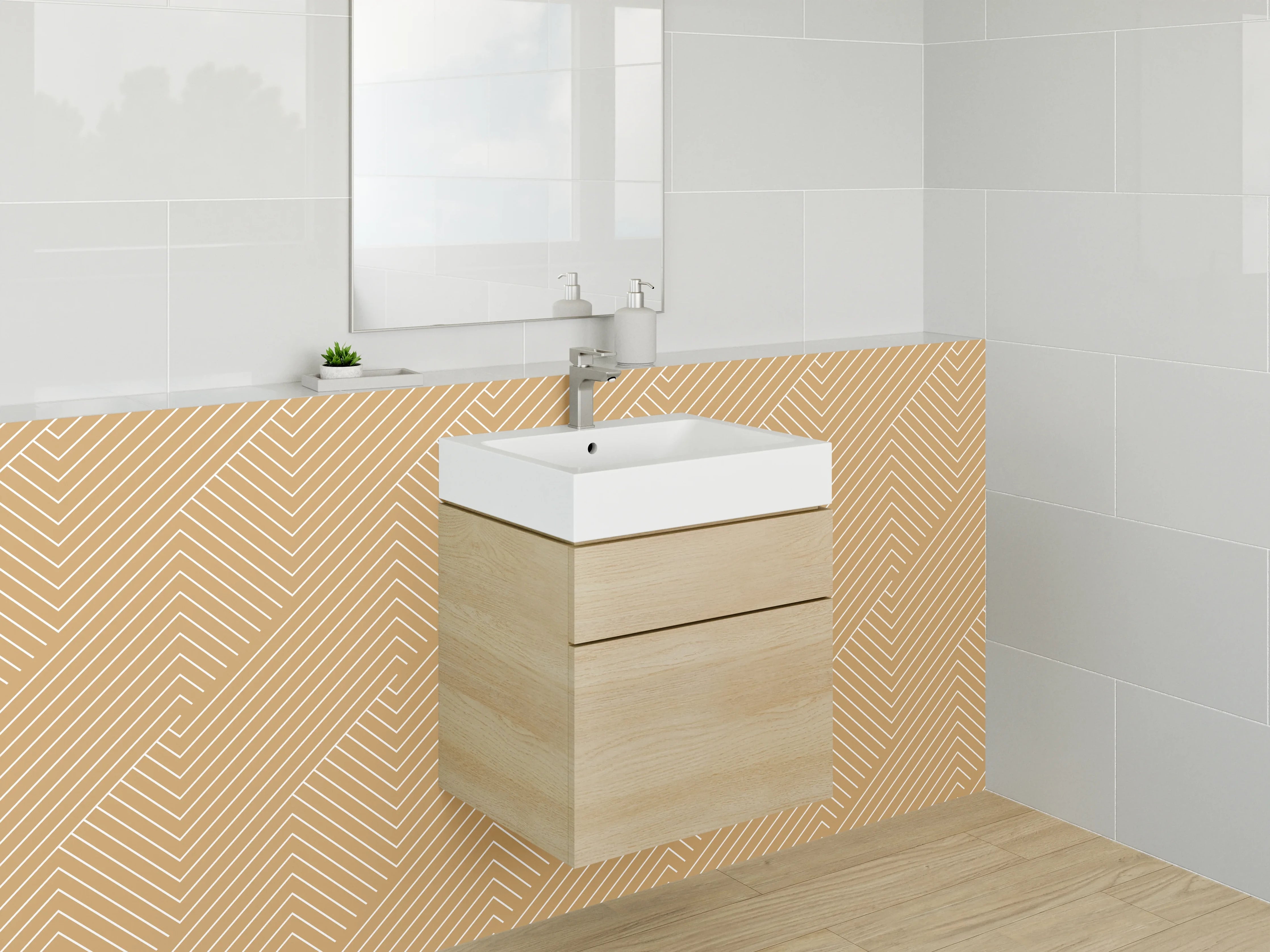 Waschbecken-Rückwand - Geometrische Linien in Beige und Grau
