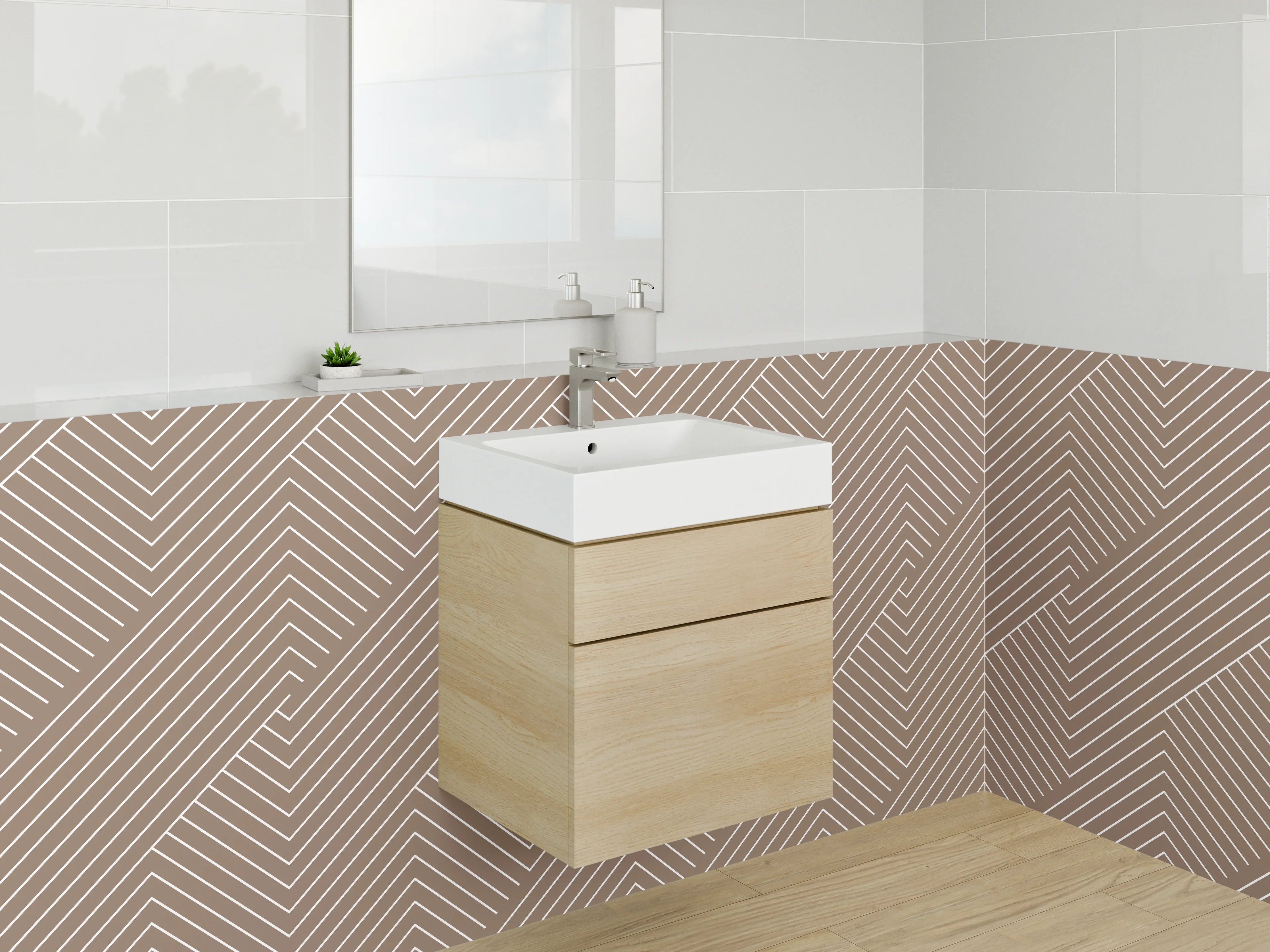 Waschbecken-Rückwand - Geometrische Linien in Braun und Grau