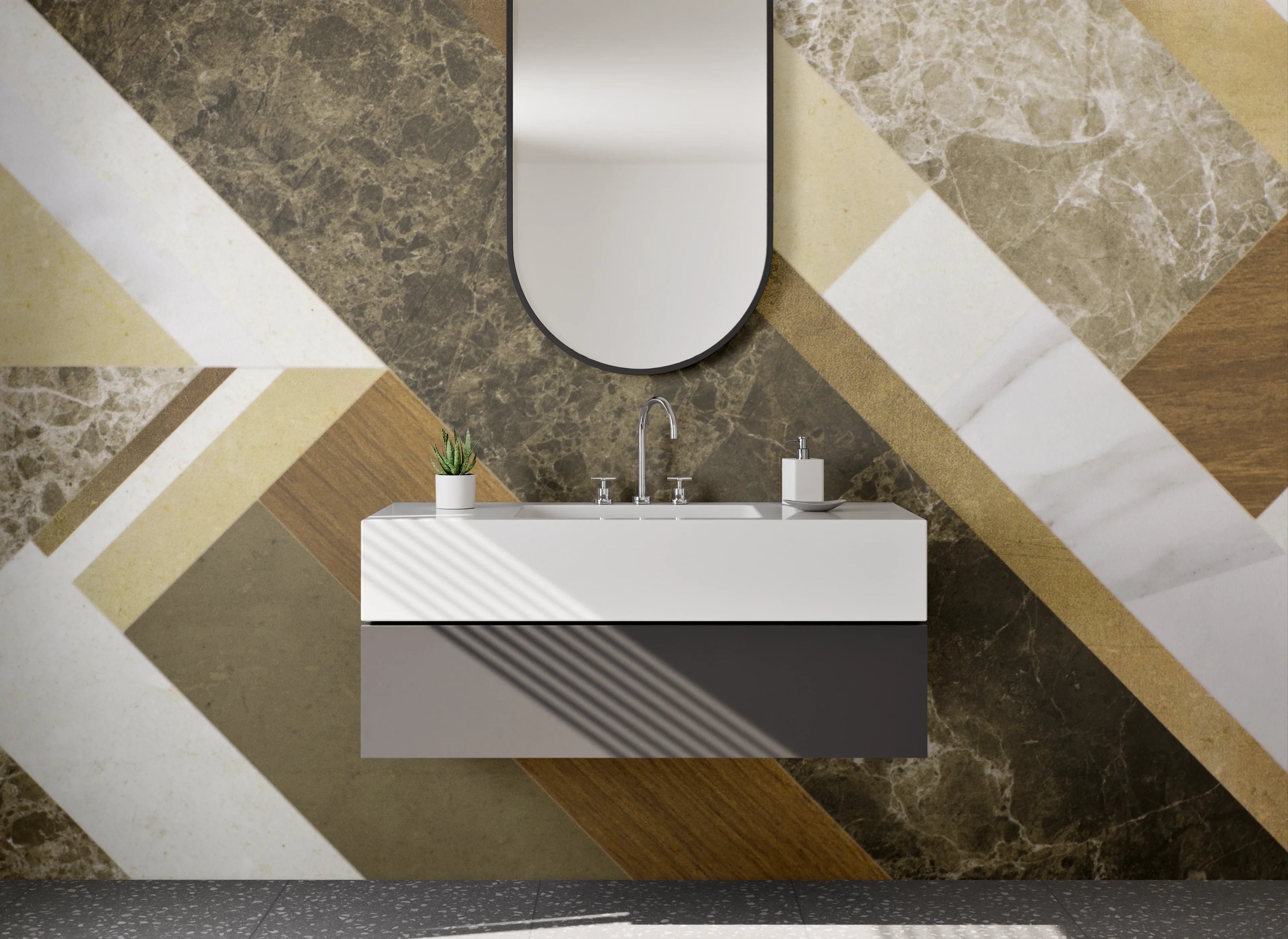 Waschbecken-Rückwand - Geometrische Marmor-Gold-Optik Fliesen