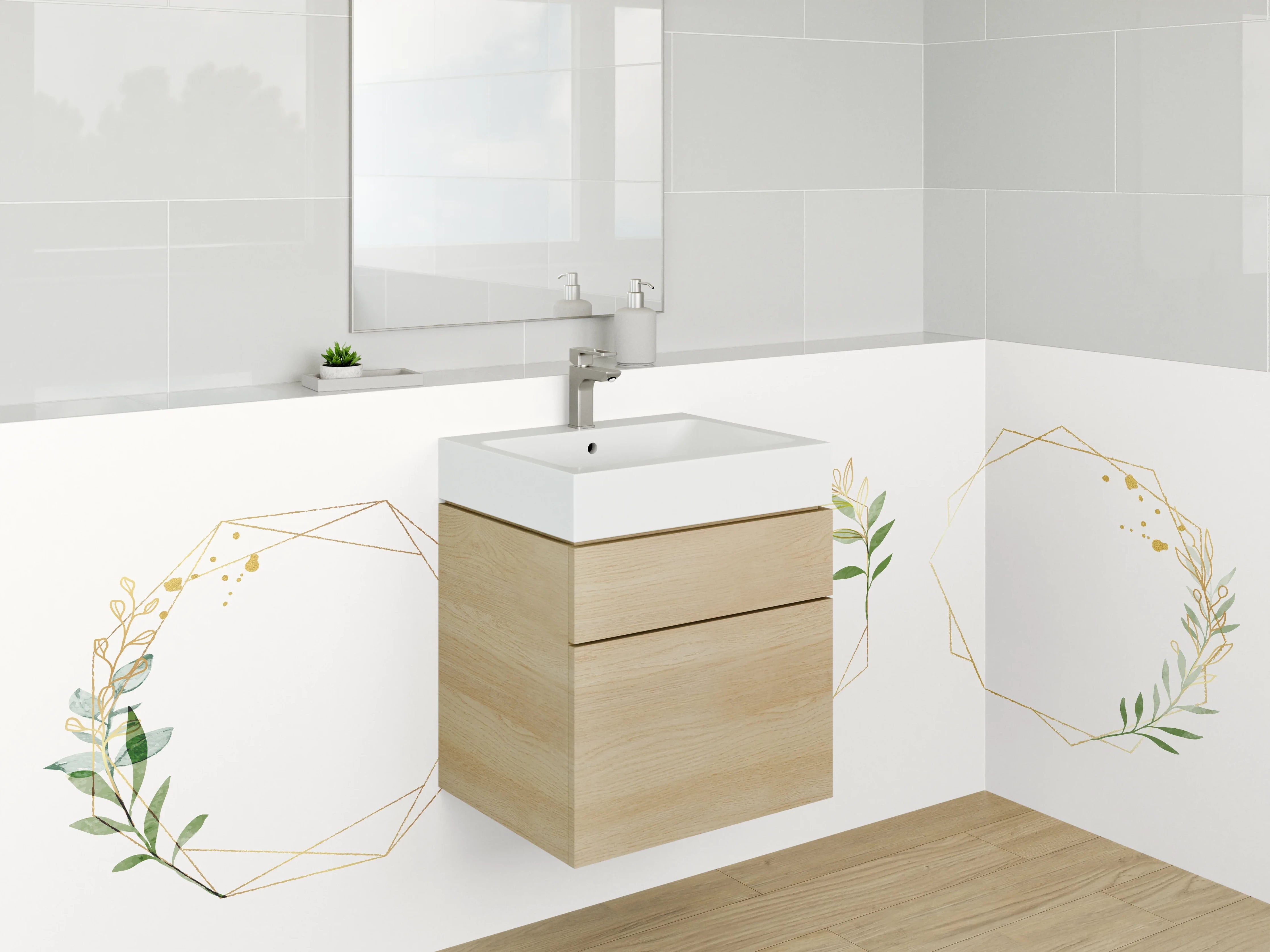 Waschbecken-Rückwand - Geometrischer Blätter-Aquarellrahmen Minimalistisch