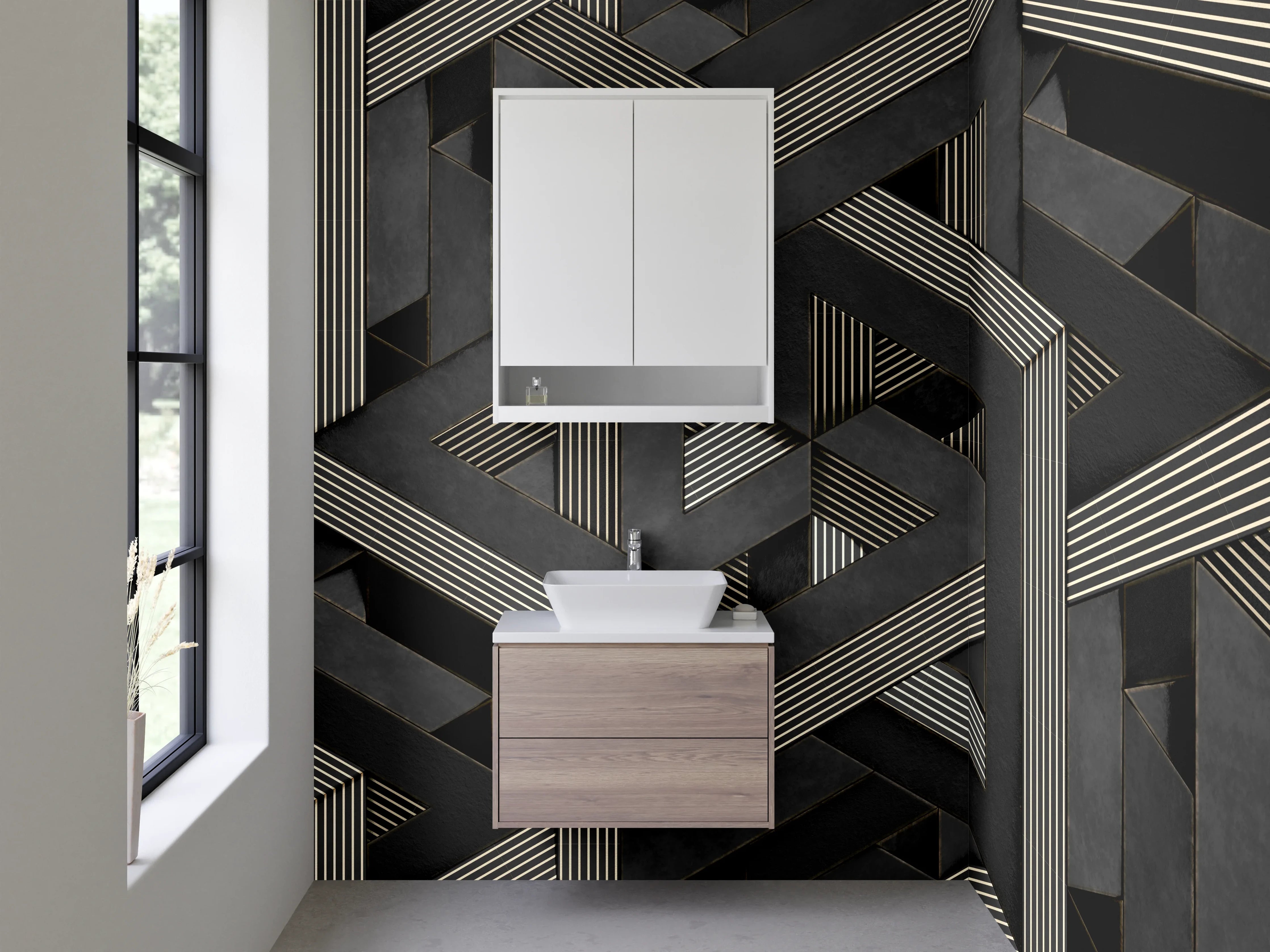 Waschbecken-Rückwand - Geometrisches 3D-Muster Schwarz Weiß Grau
