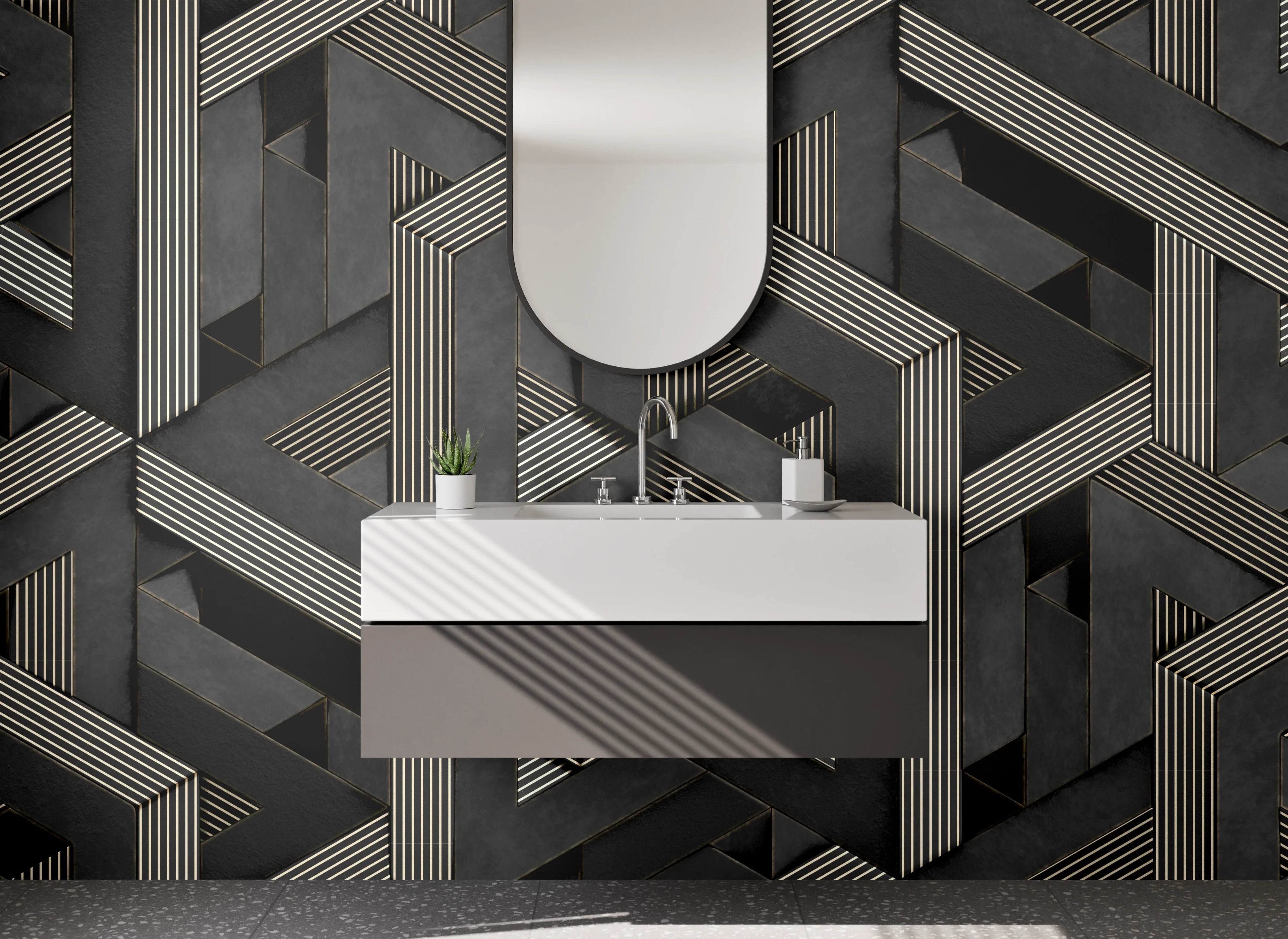 Waschbecken-Rückwand - Geometrisches 3D-Muster Schwarz Weiß Grau