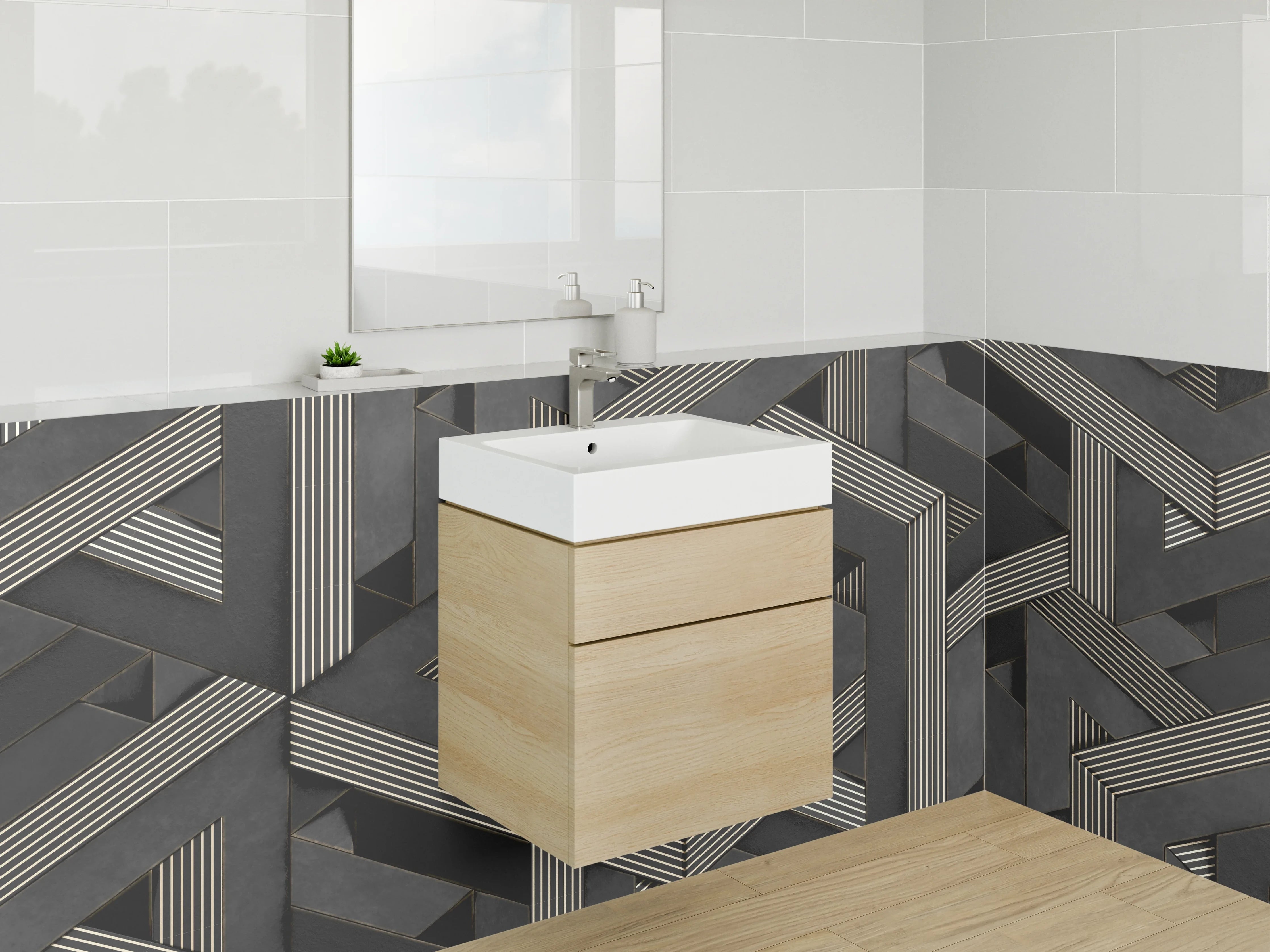 Waschbecken-Rückwand - Geometrisches 3D-Muster Schwarz Weiß Grau