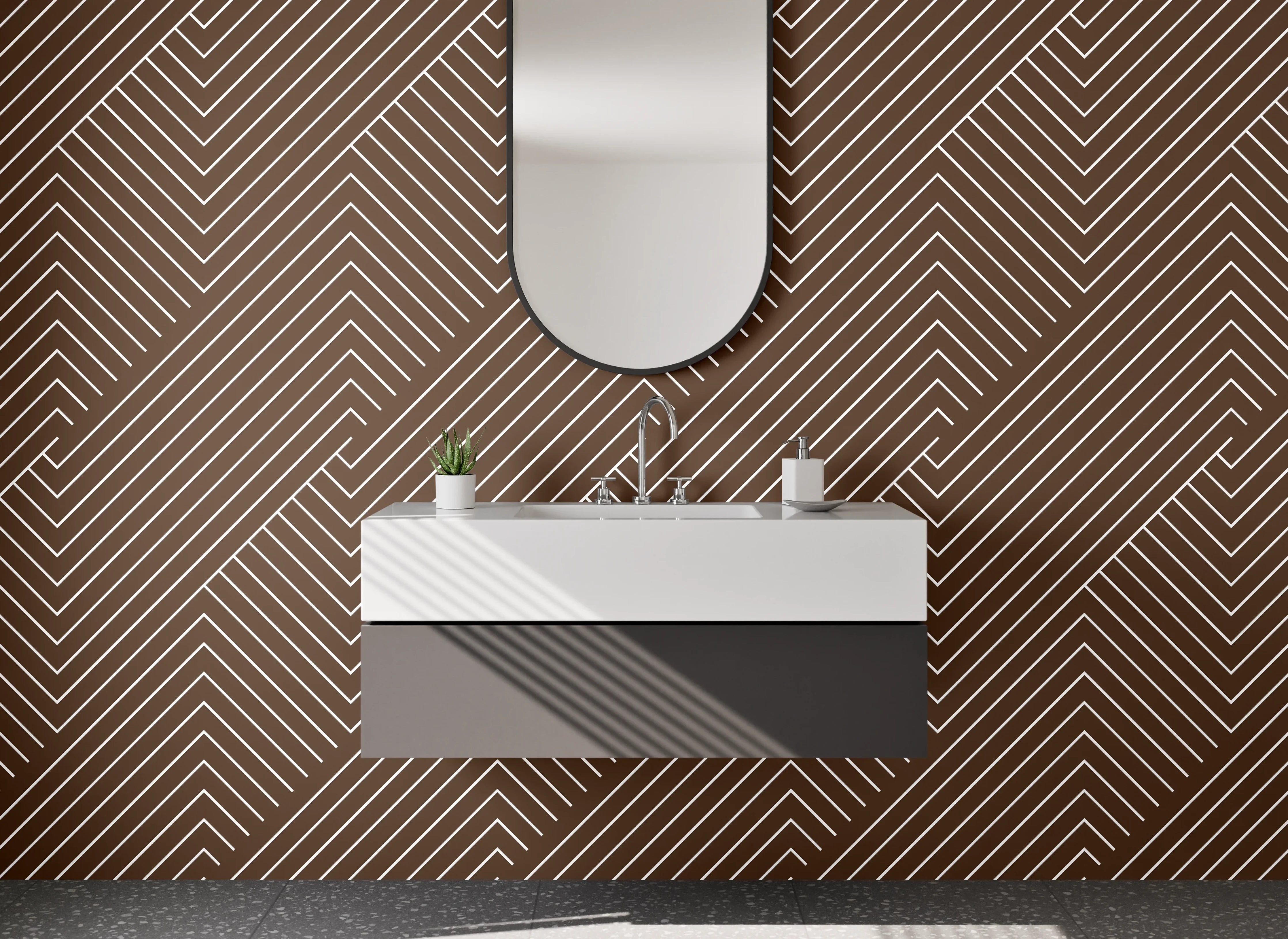 Waschbecken-Rückwand - Geometrisches Art Deco Linienmuster Braun